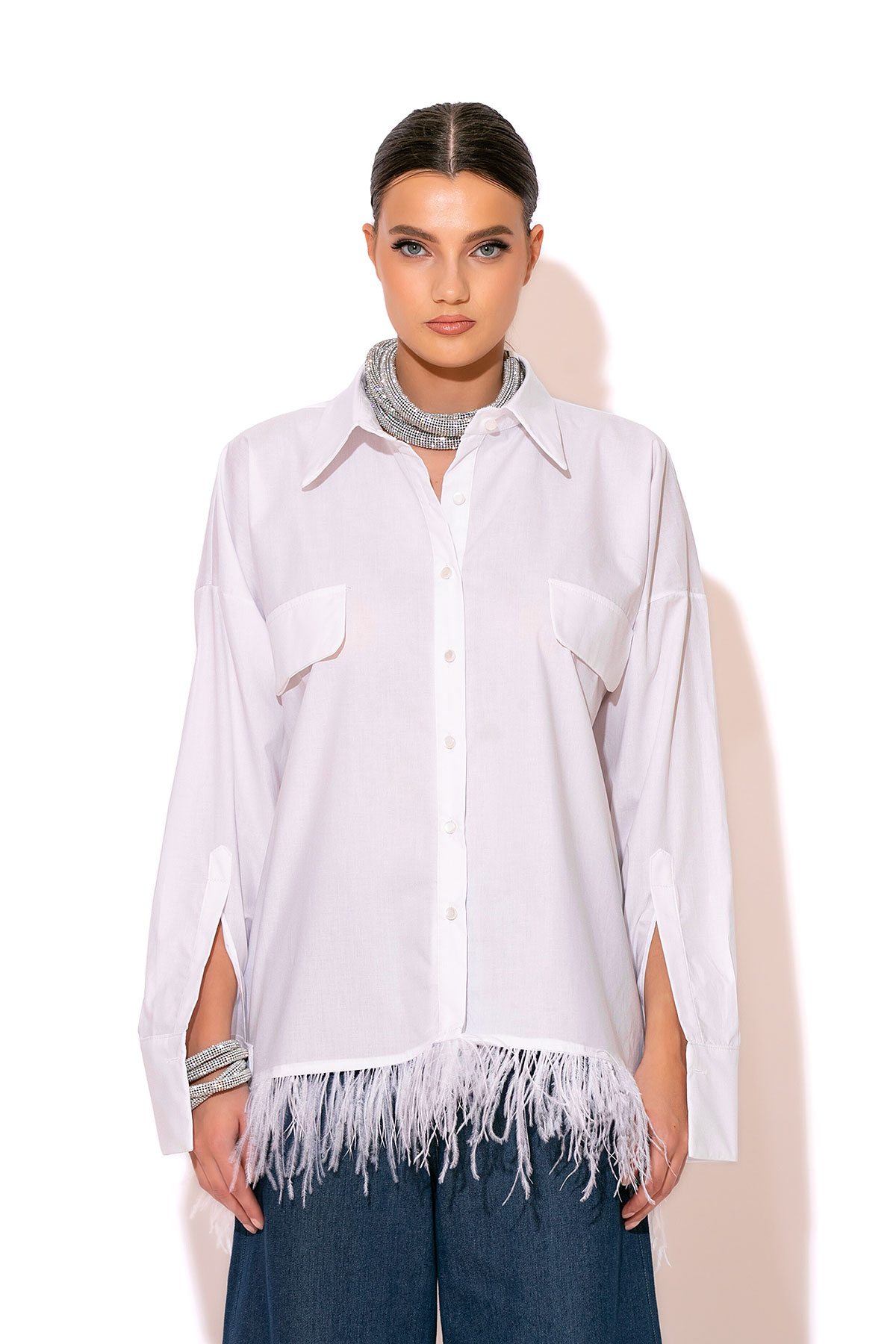 Feather-trimmed Cotton Poplin shirt