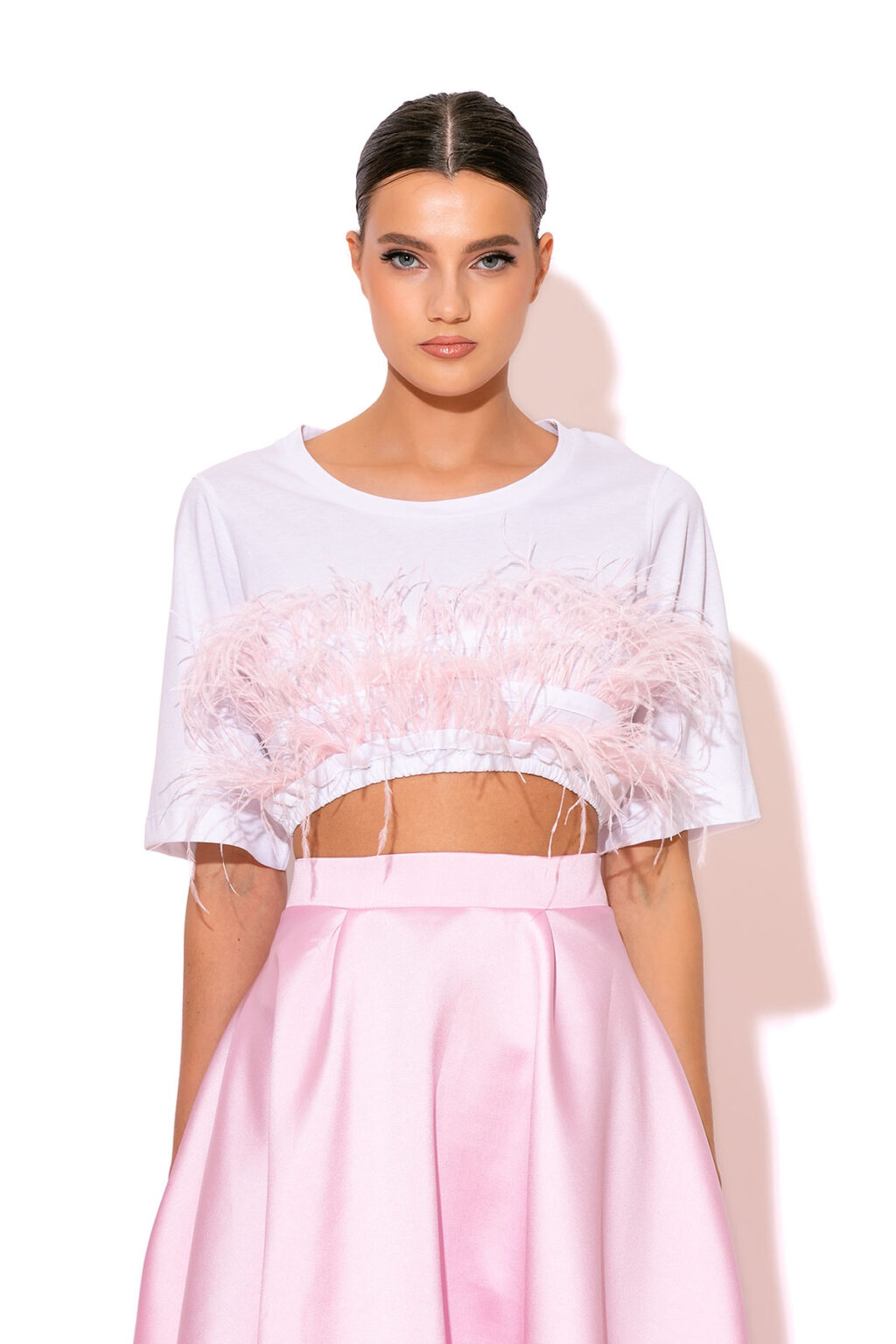 Feather embellished crop T-shirt