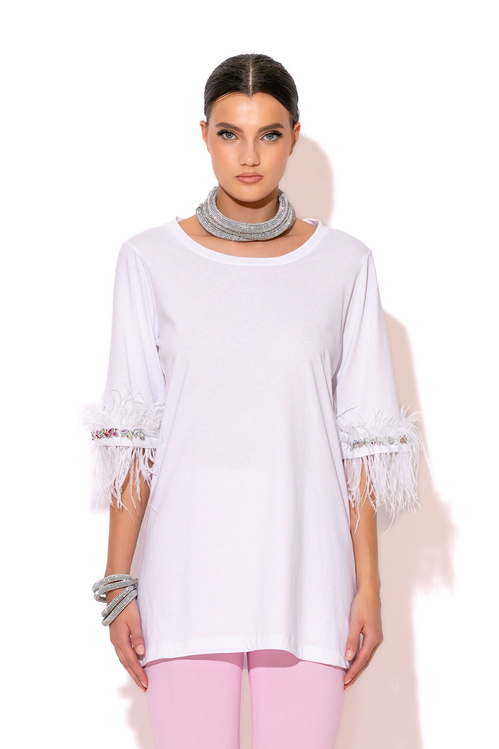 Crystal and feather embellished cotton long and oversized blouse With Short Sleeves and Scoop Neck
