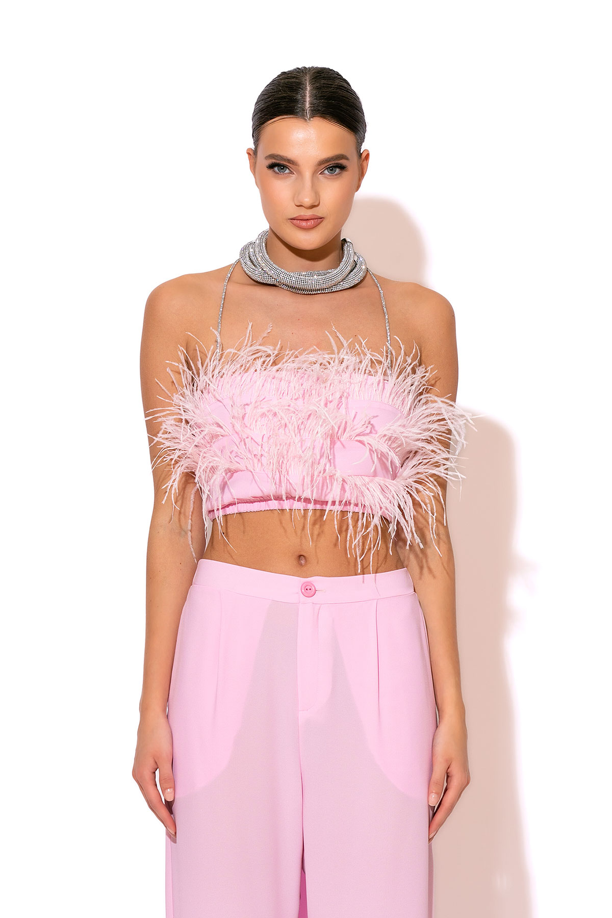 Feather embellished strapless bustier top