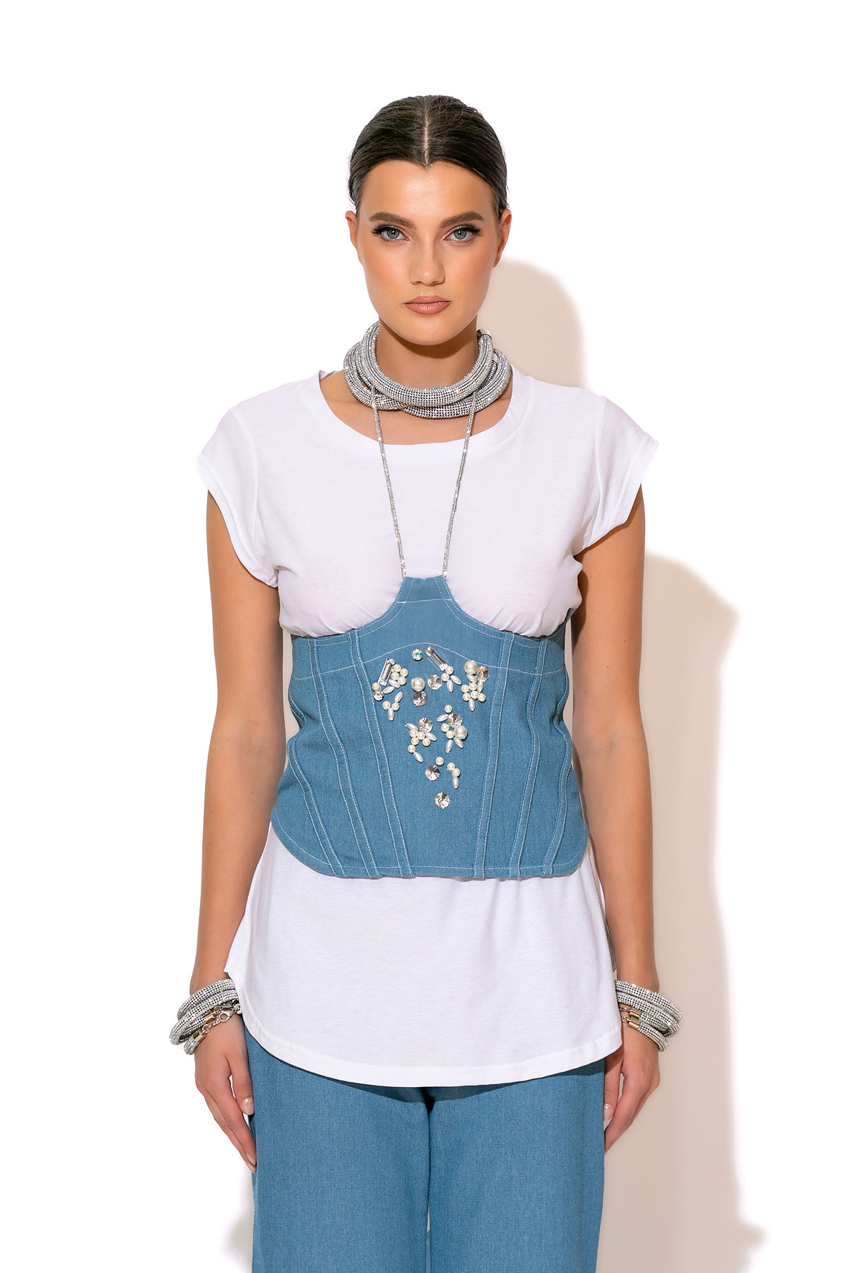 Two-Pieces embellished denim bustier