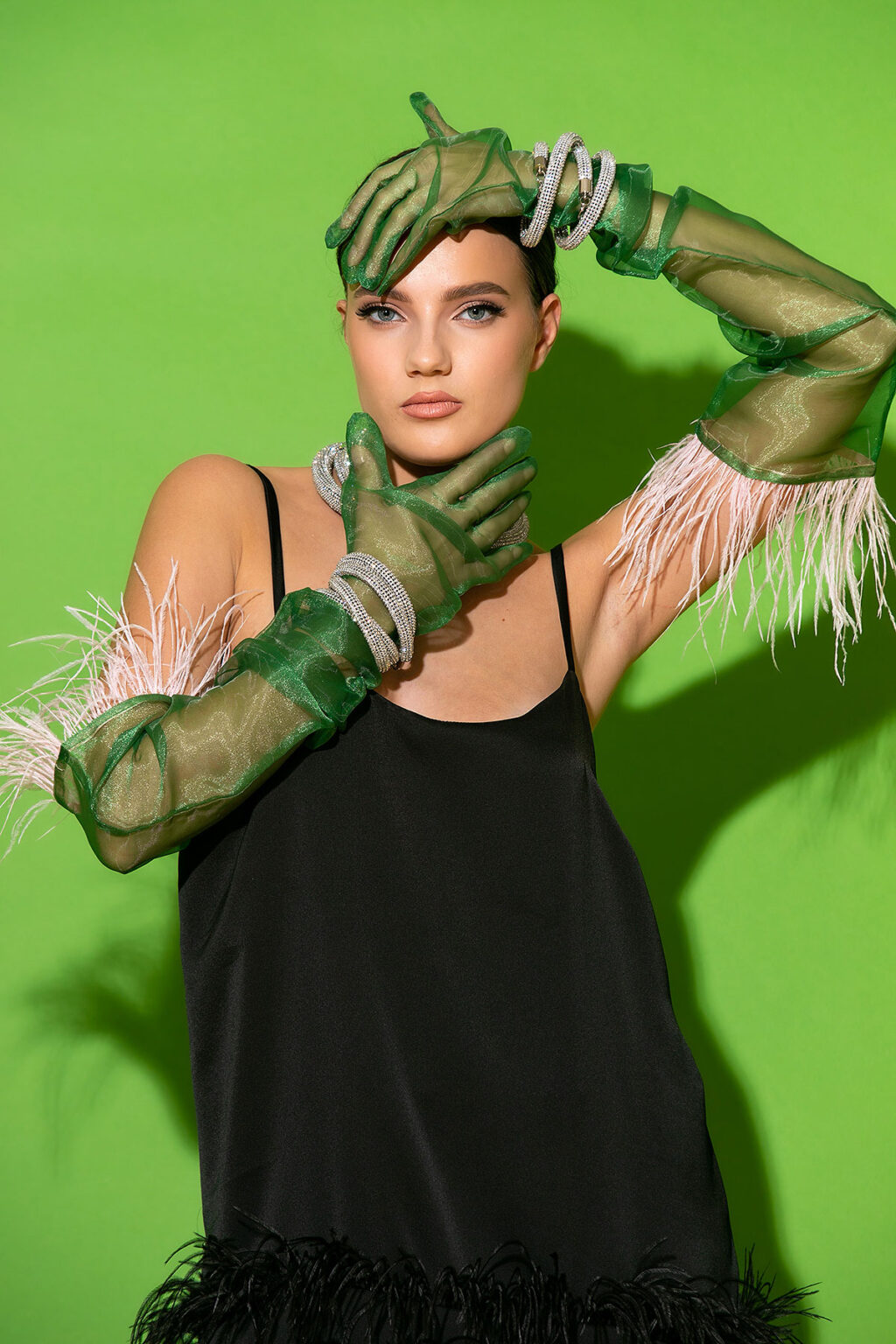 Feather-trimmed Organza Long Gloves