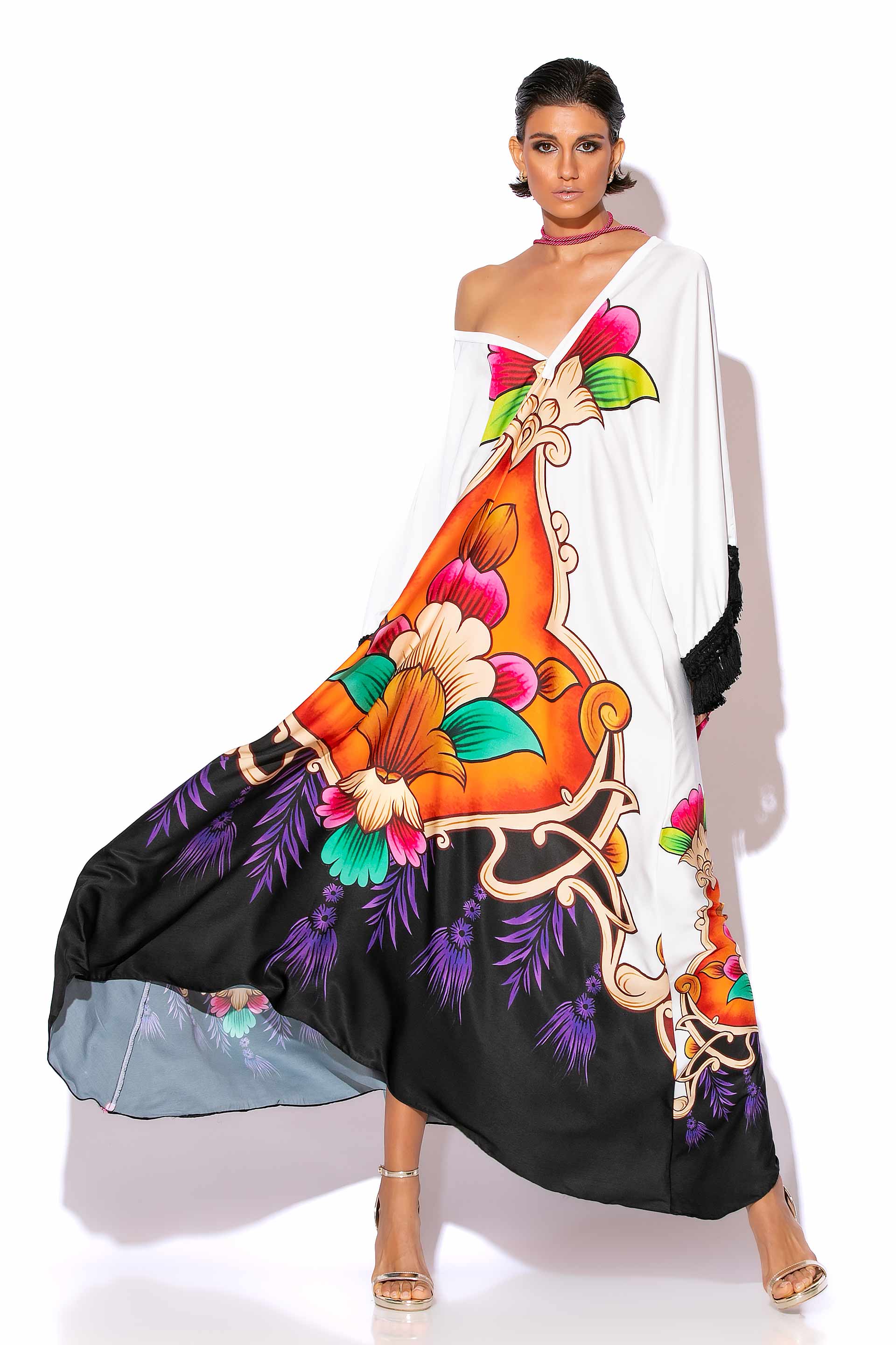 Fringe Embellished Printed Maxi Dress