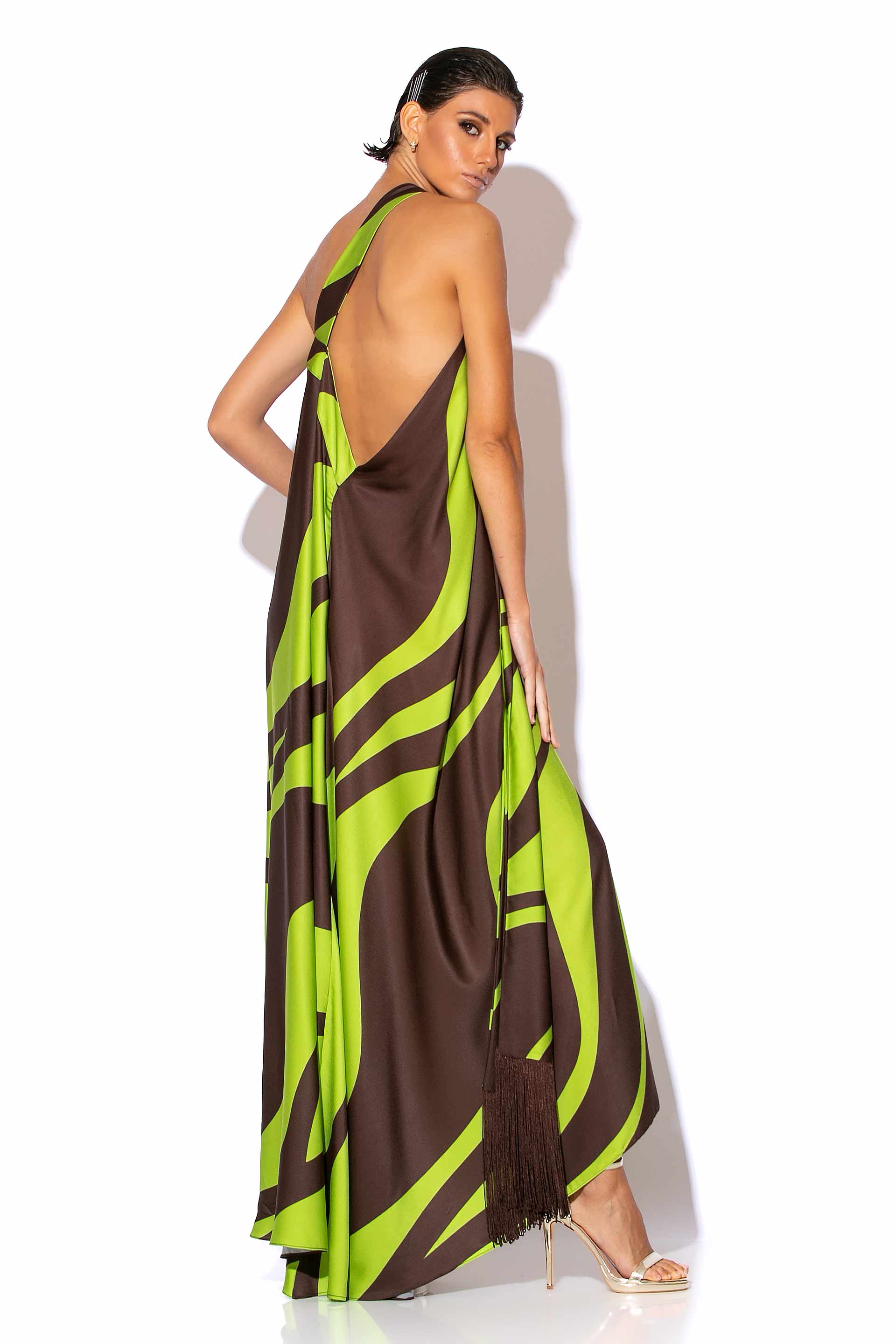 One shoulder satin print maxi dress