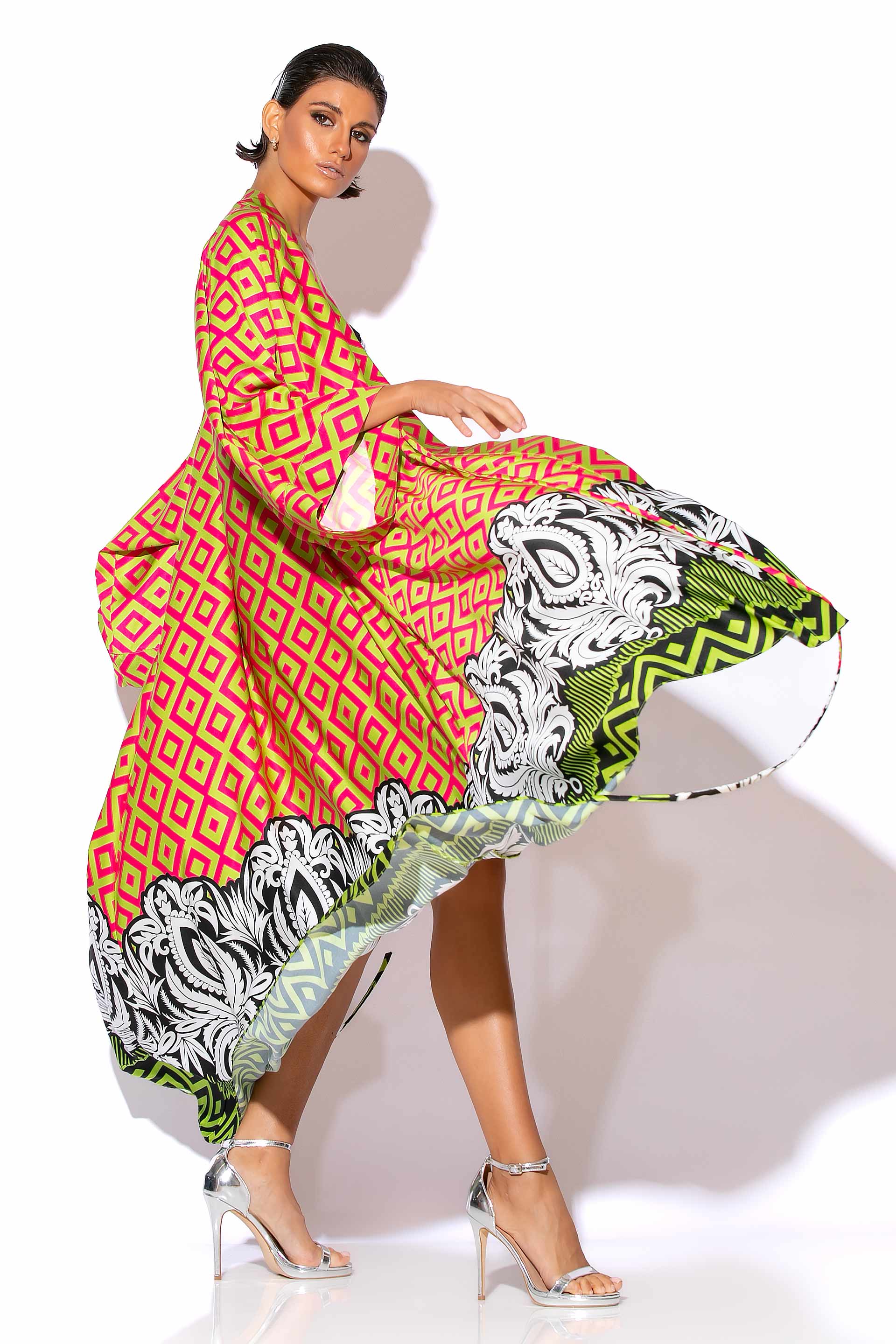 Maxi Satin Print kimono-Dress