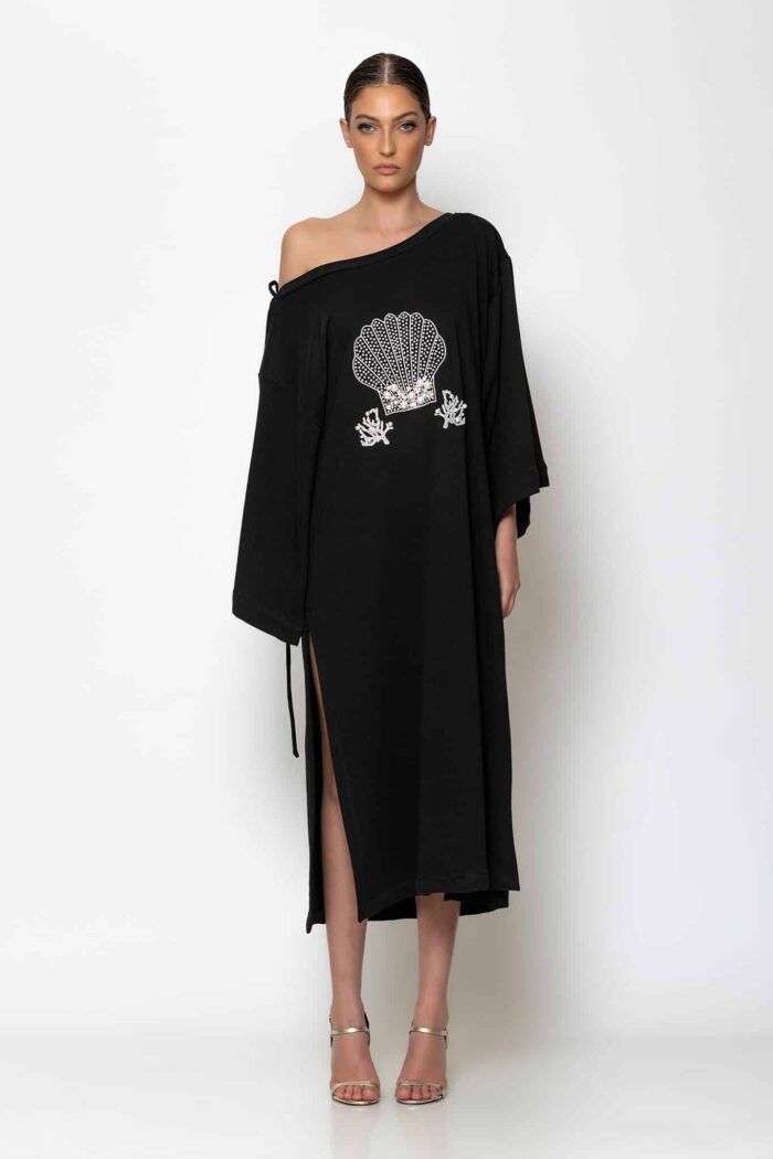 Crystal embellished midi crewneck dress