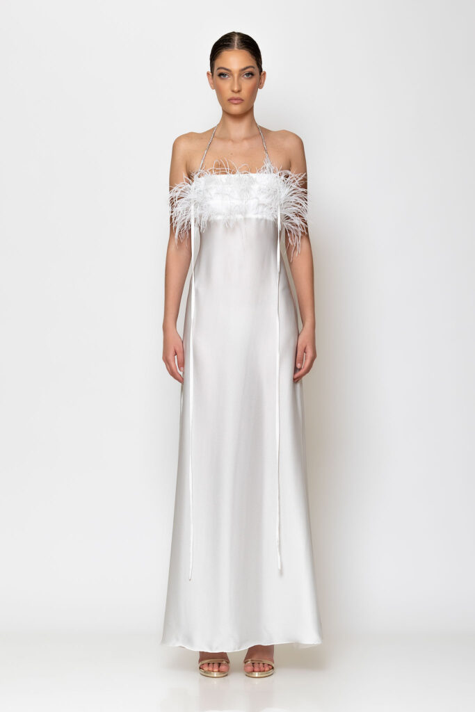 Feather embellished strapless maxi dress
