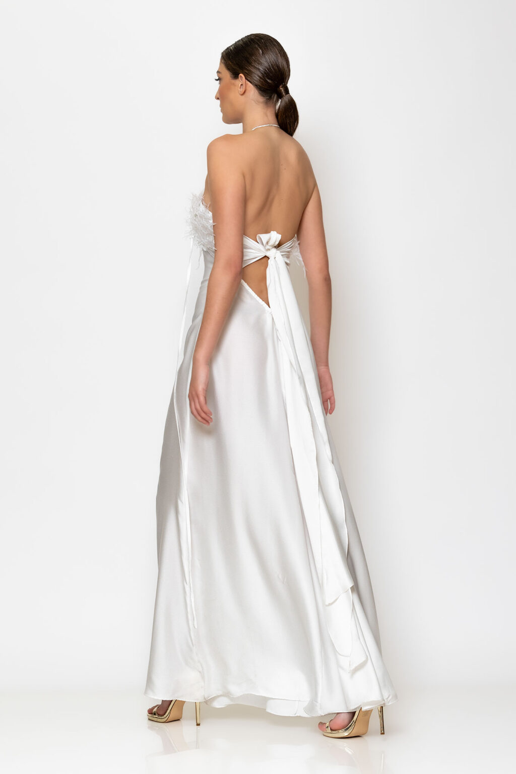 Feather embellished strapless maxi dress