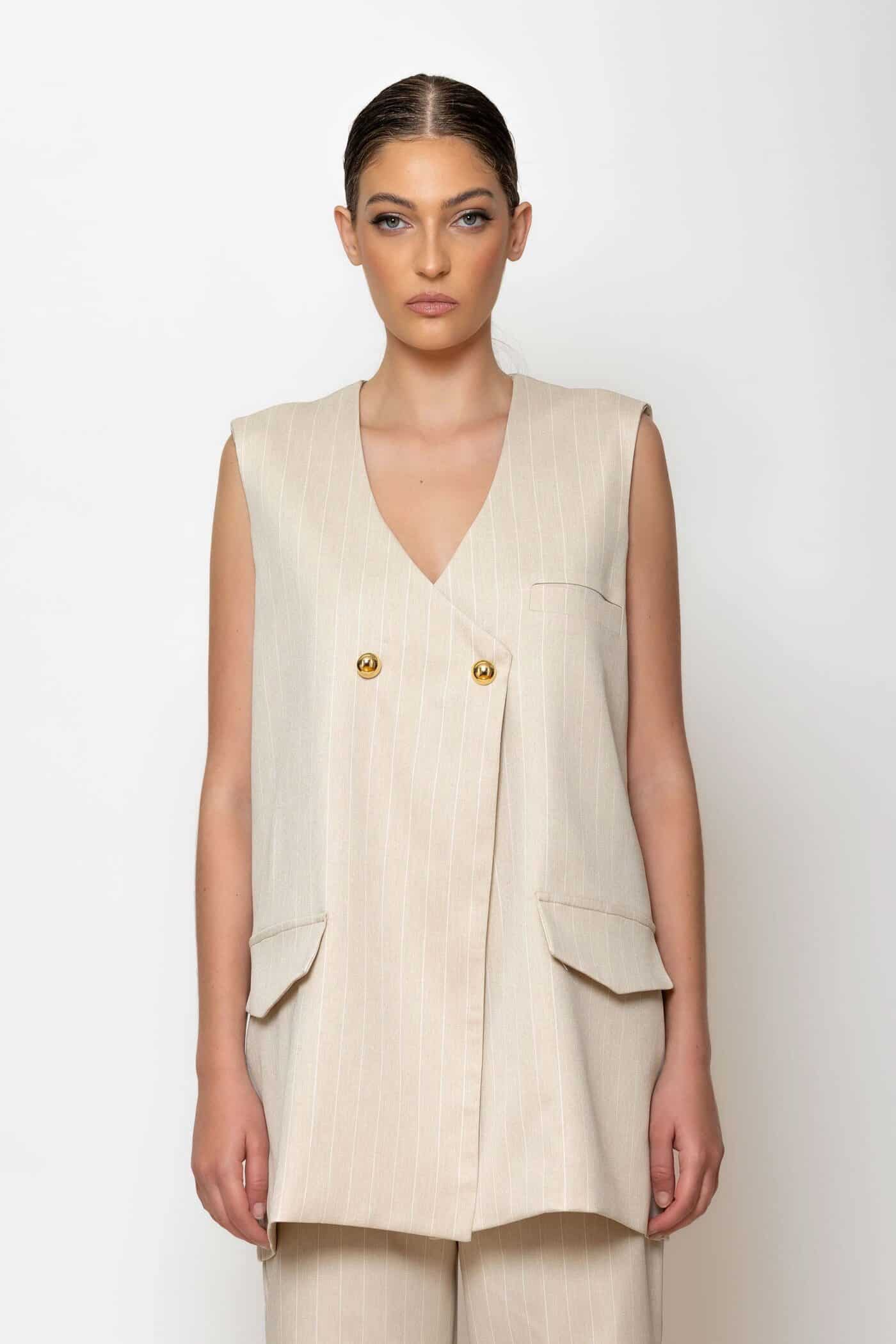 Open back double breasted striped sleeveless jacket