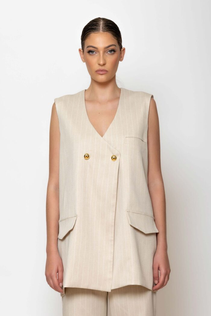 Open back double breasted striped sleeveless jacket