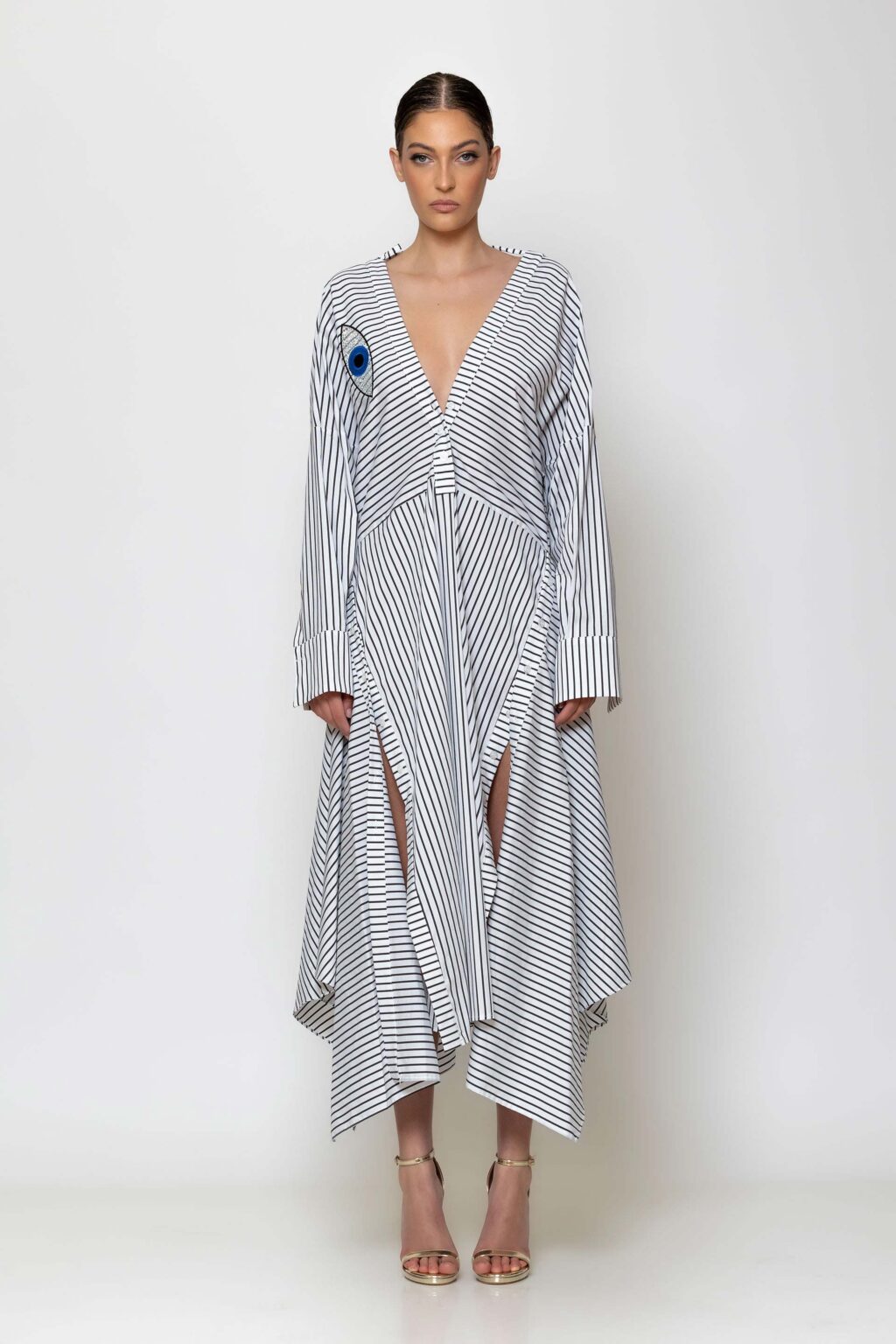 Eye embroidered striped poplin dress