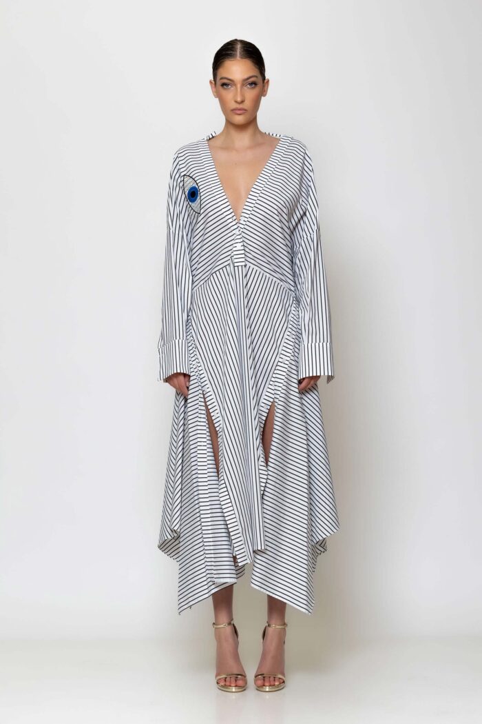 Eye embroidered striped poplin dress