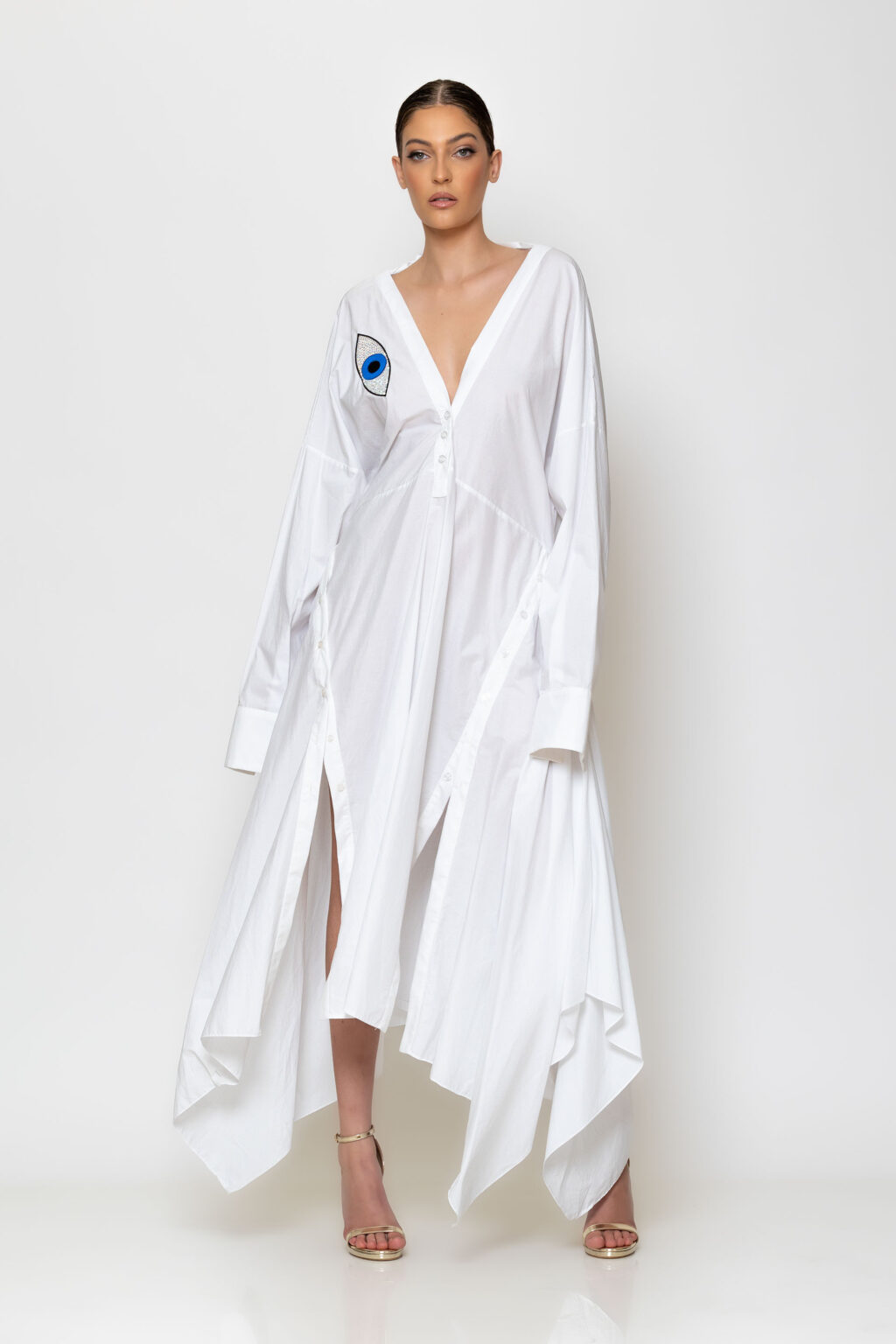 Eye embroidered poplin dress for Video