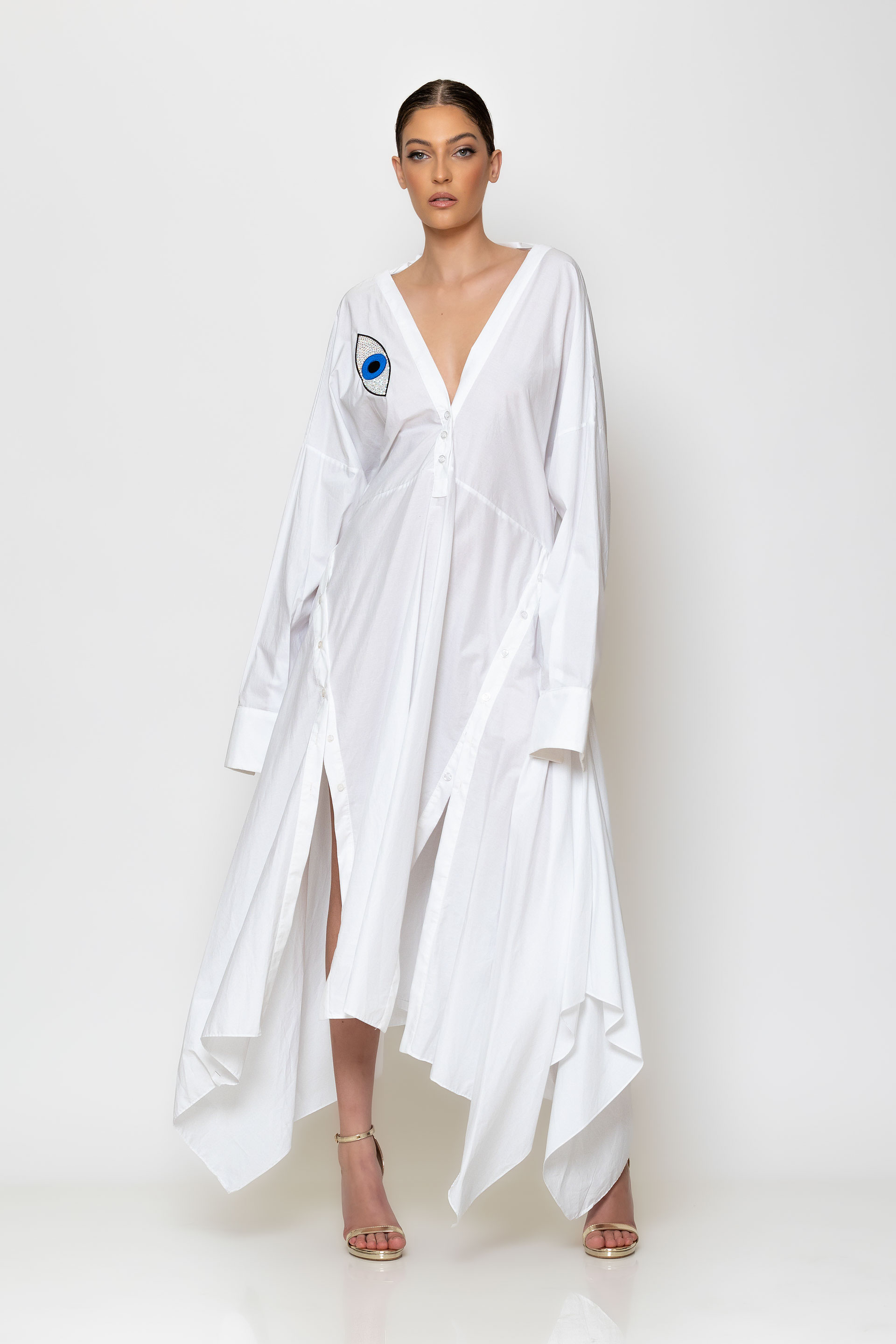 Eye embroidered poplin dress for Video