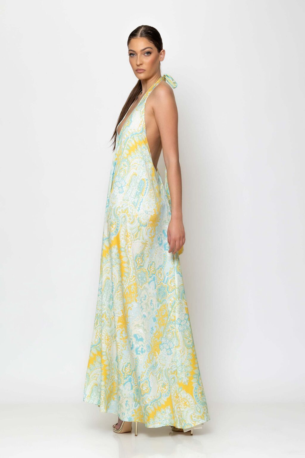 Maxi halterneck satin print dress