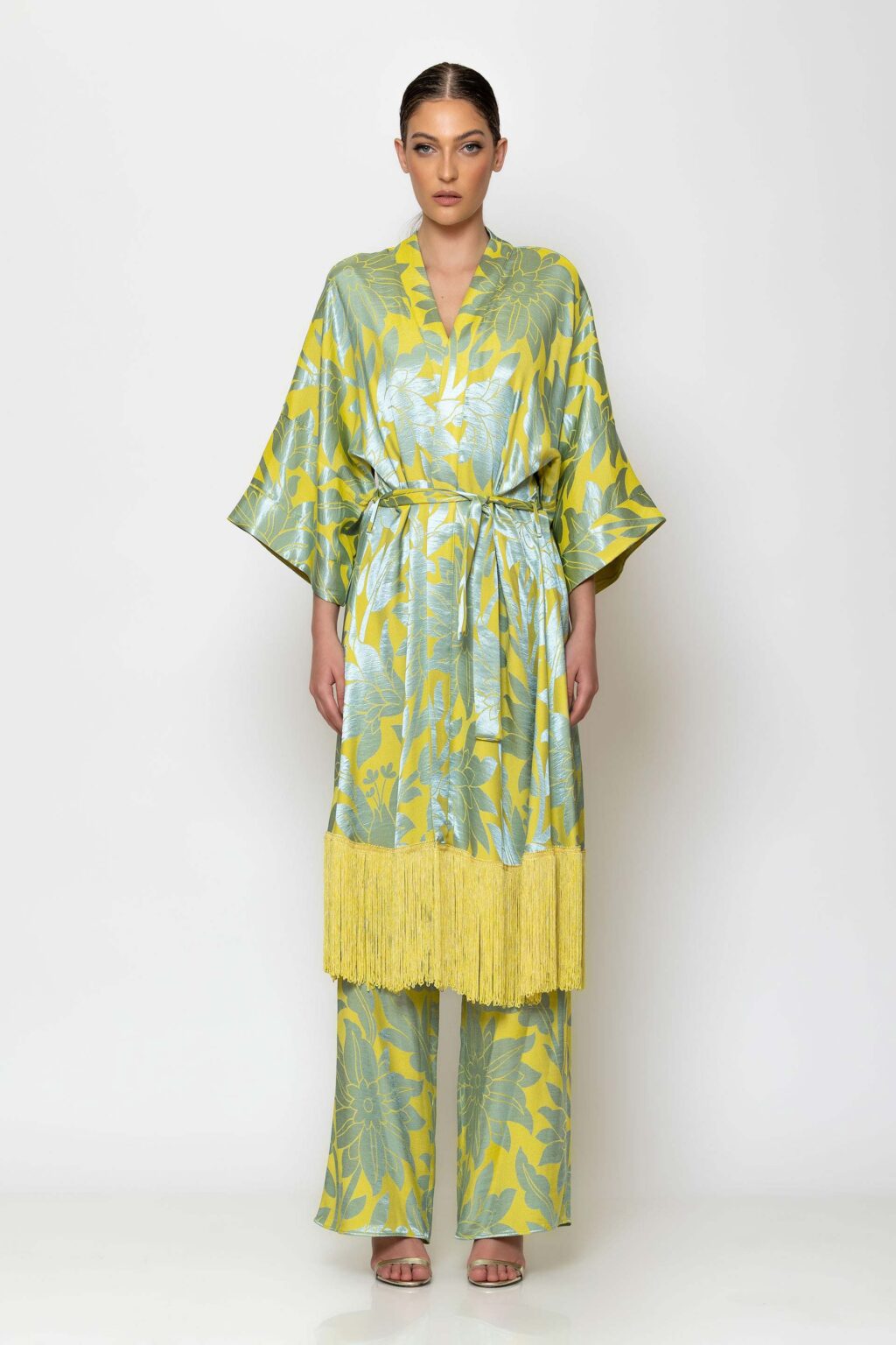 Jacquard satin wide leg pants