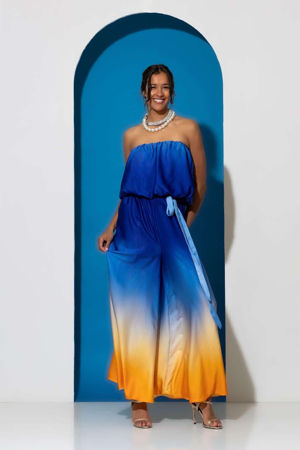 Strapless Satin Print Wide-Leg Jumpsuit