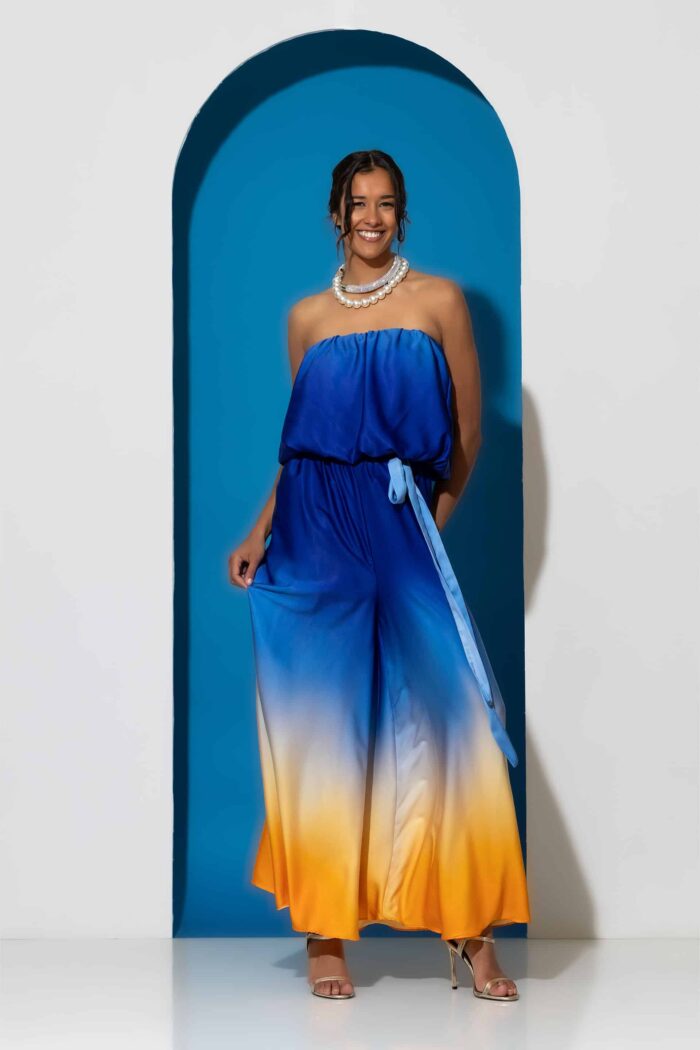 Strapless Satin Print Wide-Leg Jumpsuit
