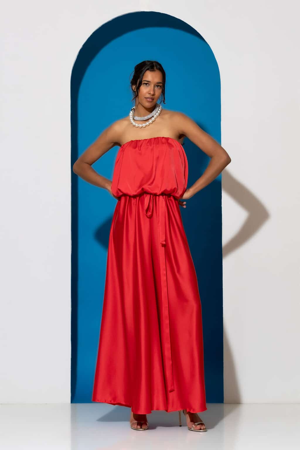 Strapless satin wide-leg jumpsuit