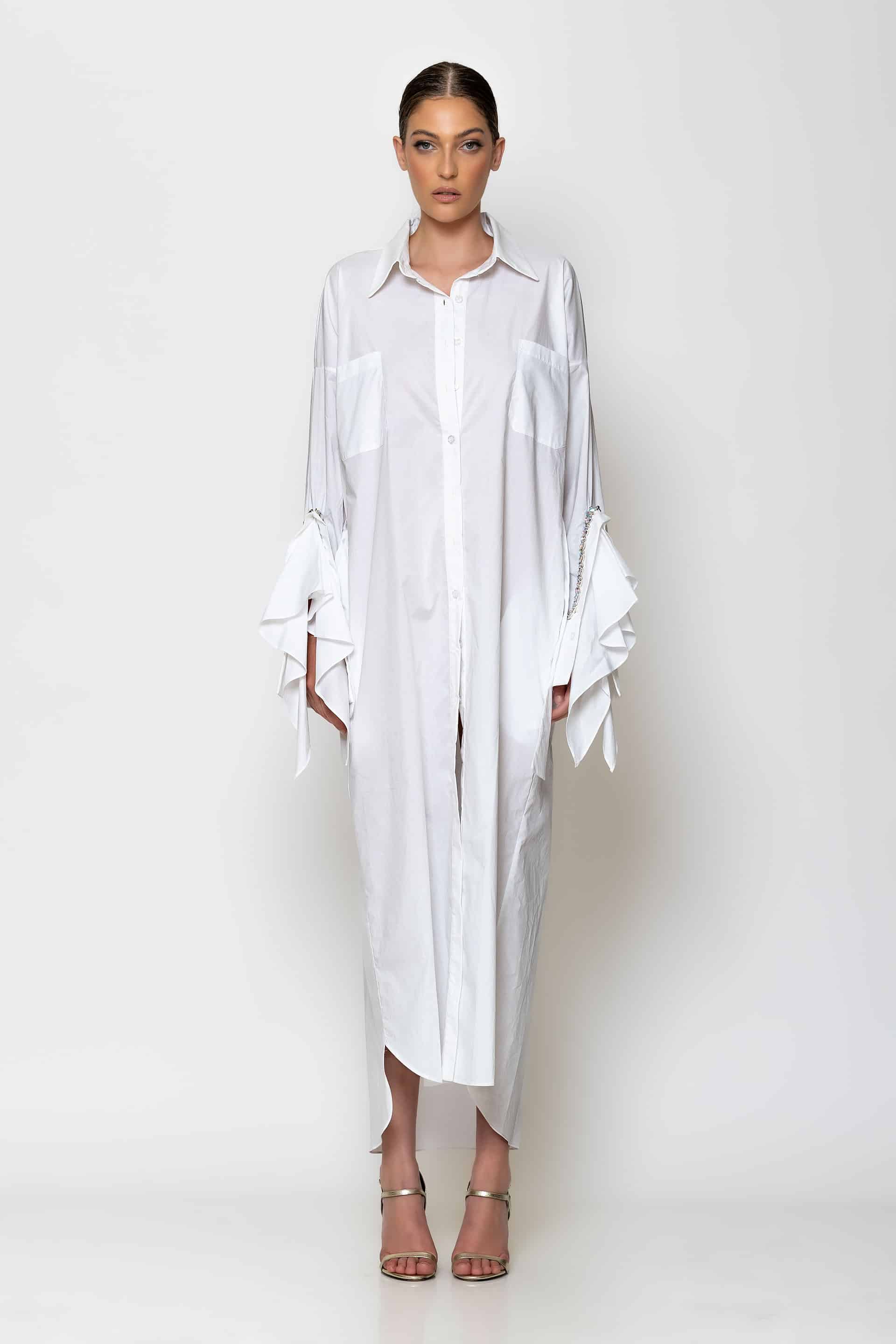 Crystal embellished cotton shirt dress