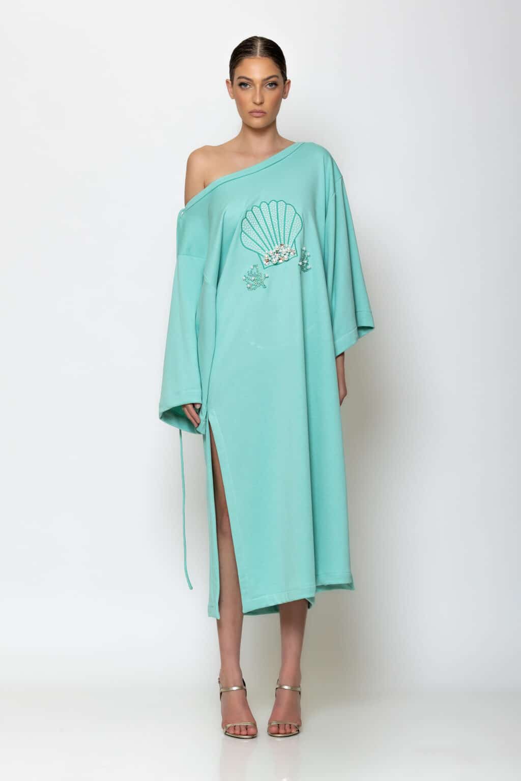 Crystal embellished midi crewneck dress