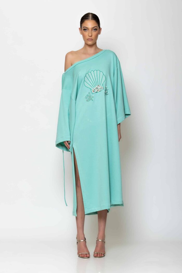 Crystal embellished midi crewneck dress