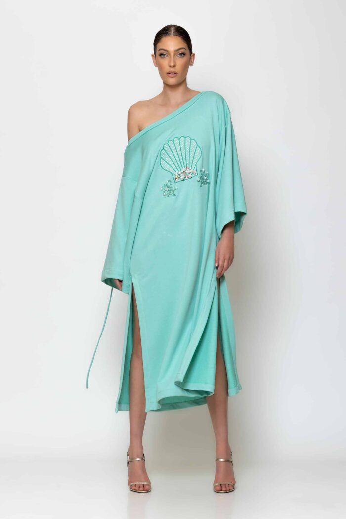 Crystal embellished midi crewneck dress in Aqua
