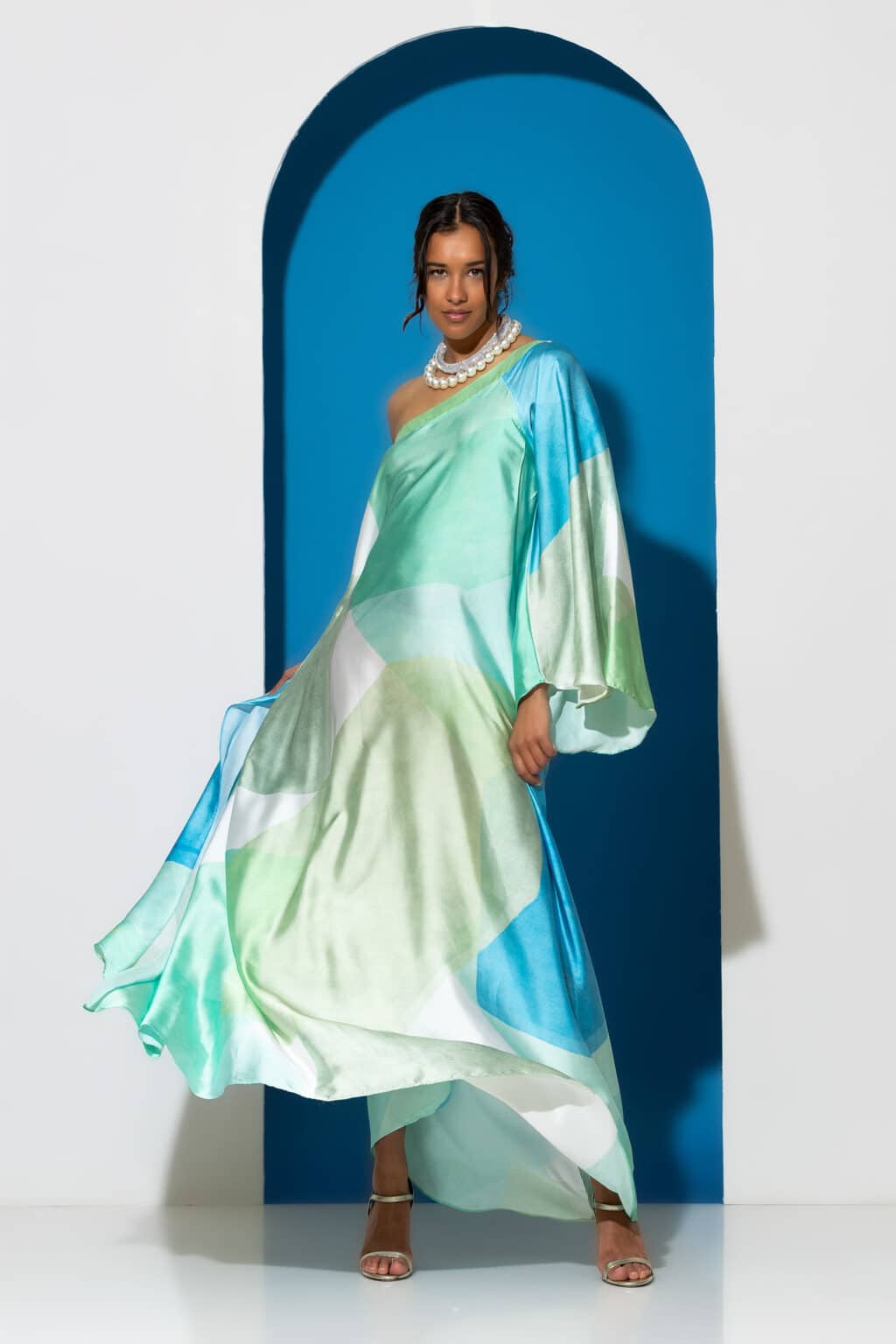 One shoulder maxi satin print dress