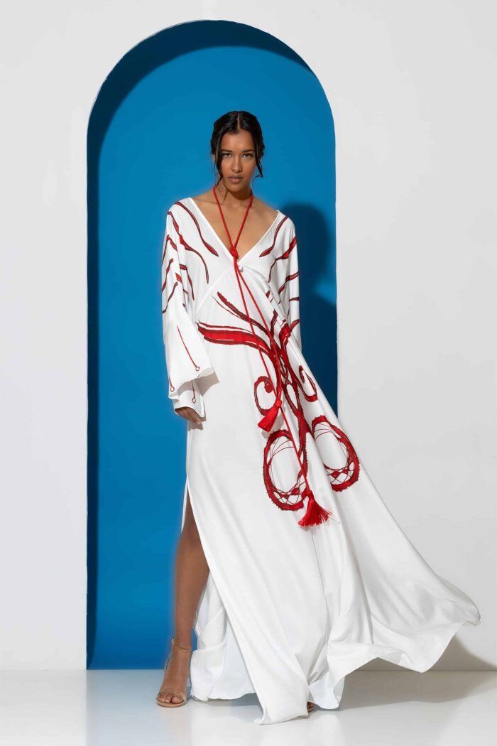 Printed satin maxi dress white-red