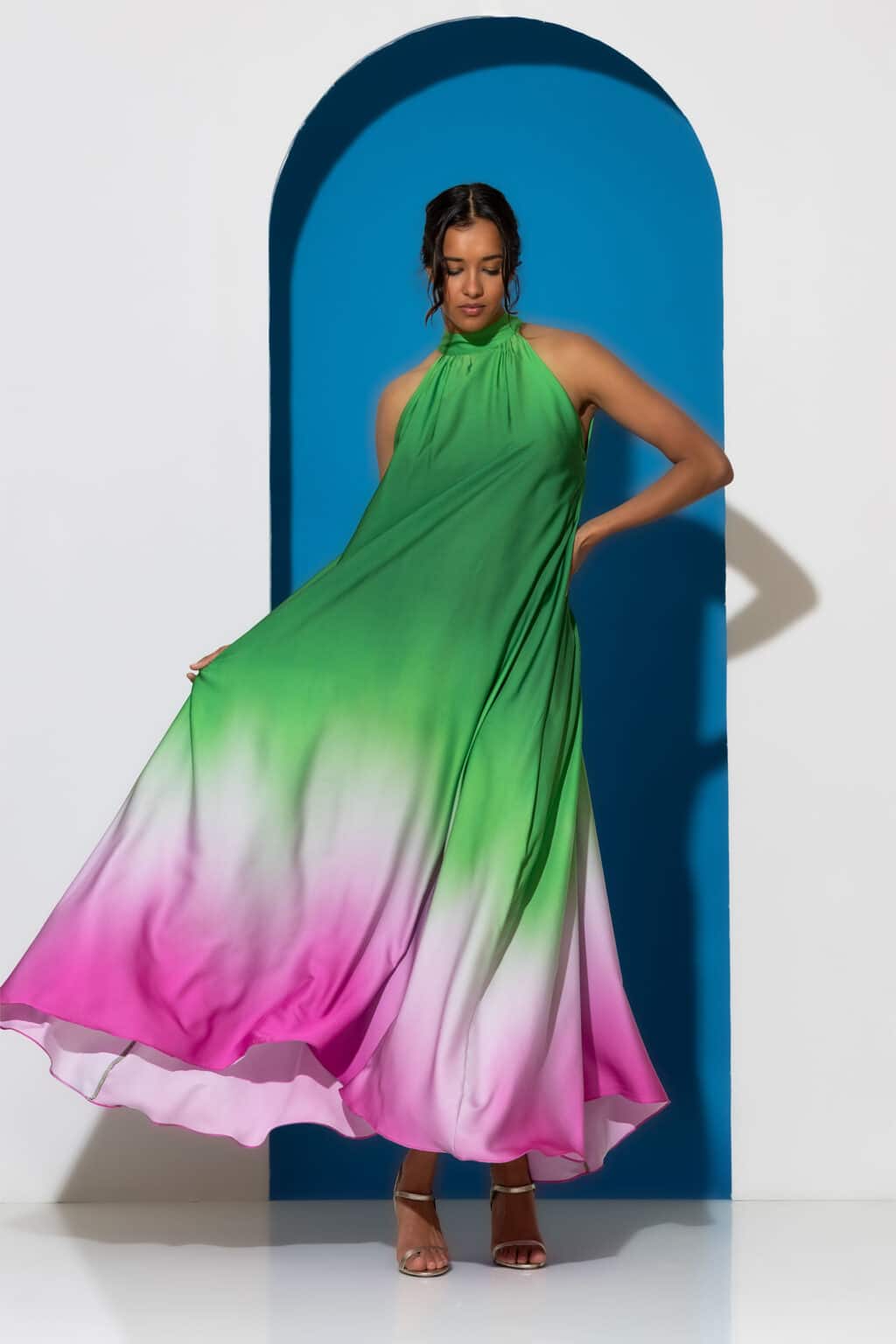Maxi halterneck satin print dress