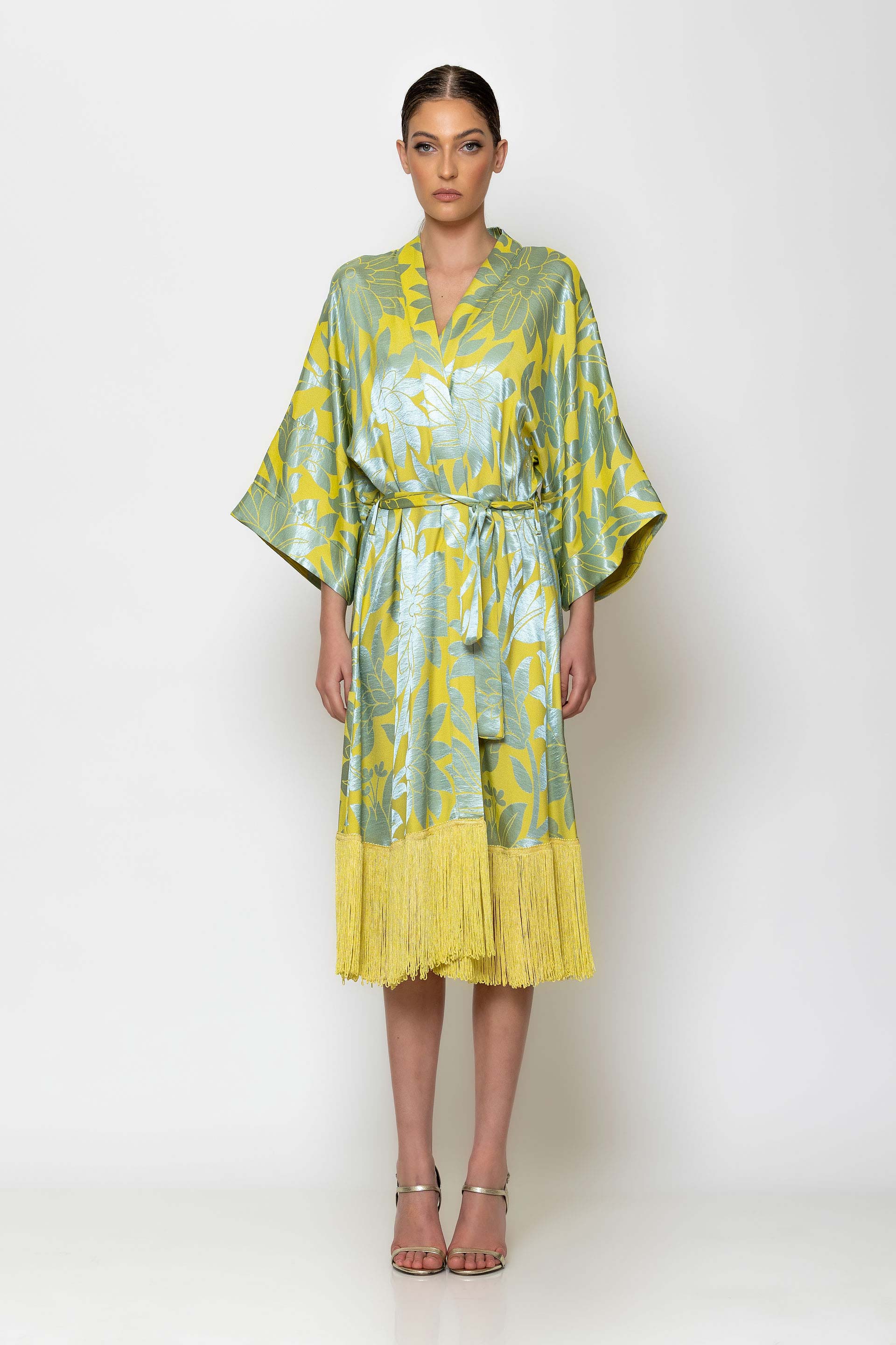 Jacquard belted fringed kimono dress
