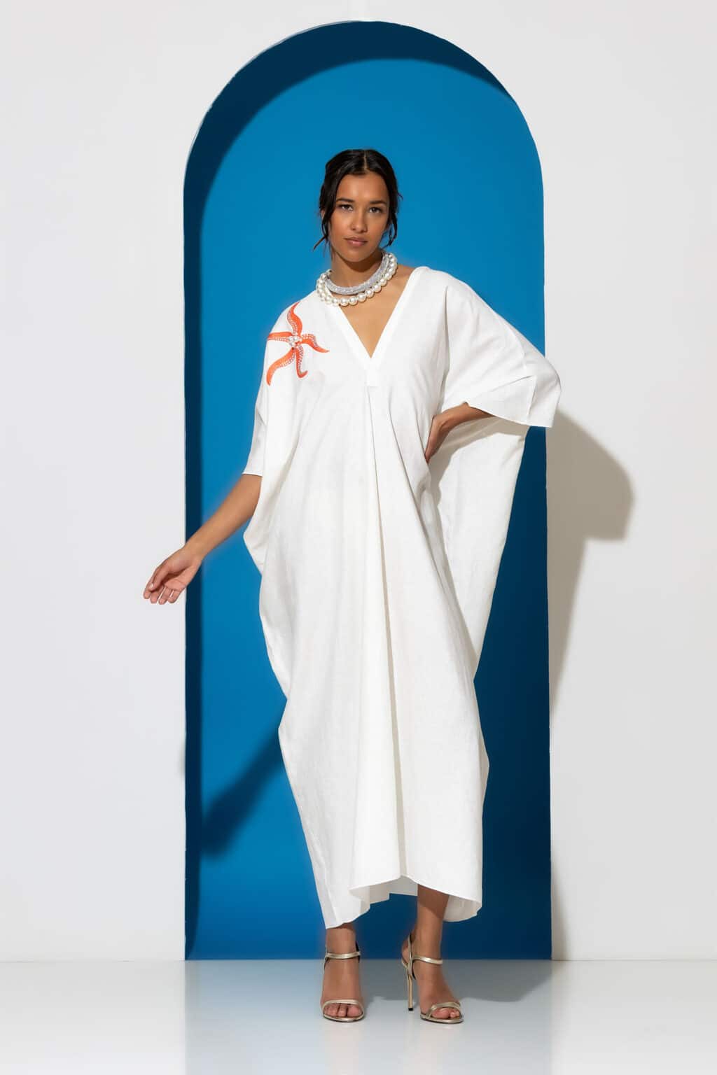 Starfish Embroidered kaftan dress at front