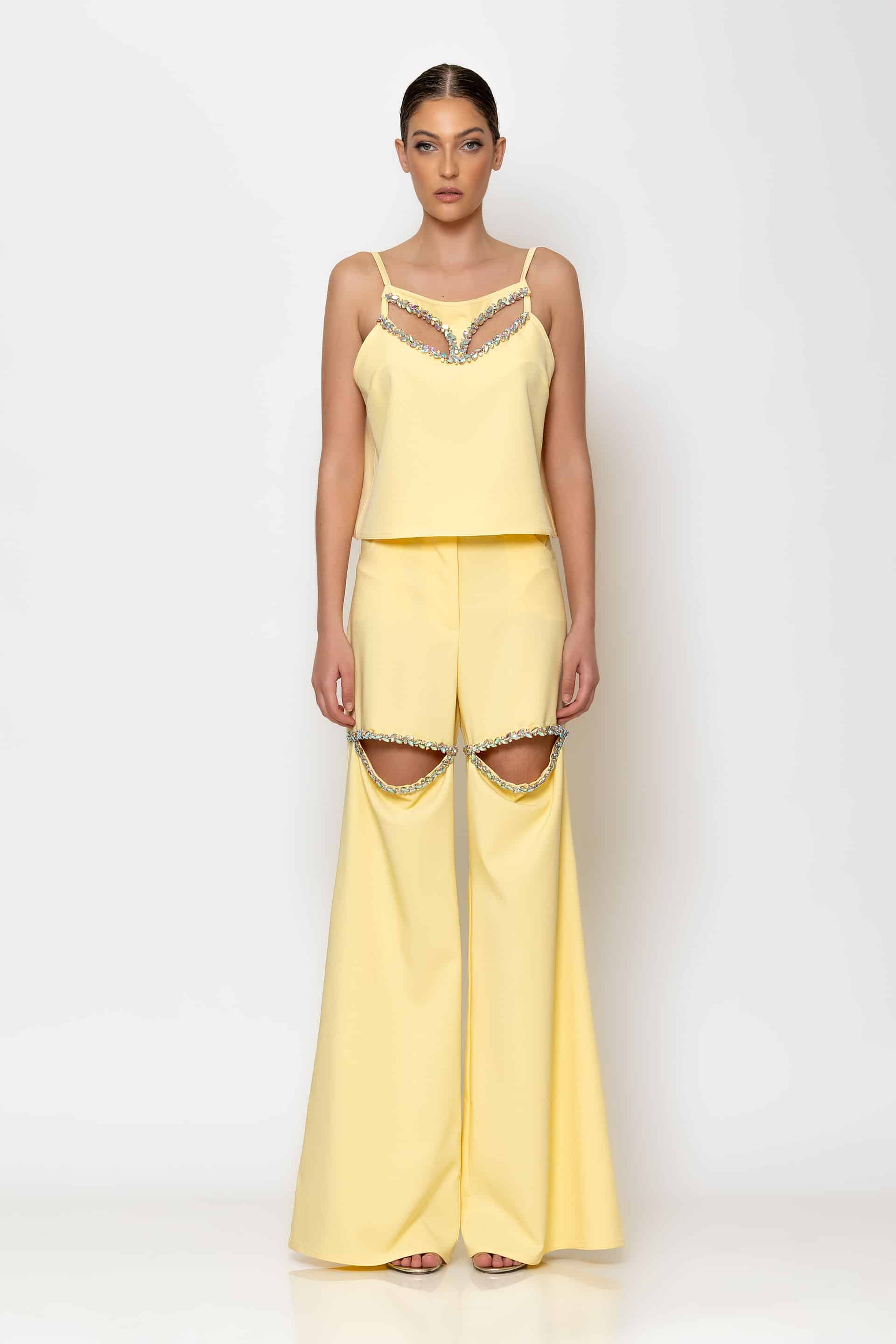 Crystal-embellished cutout crepe pants