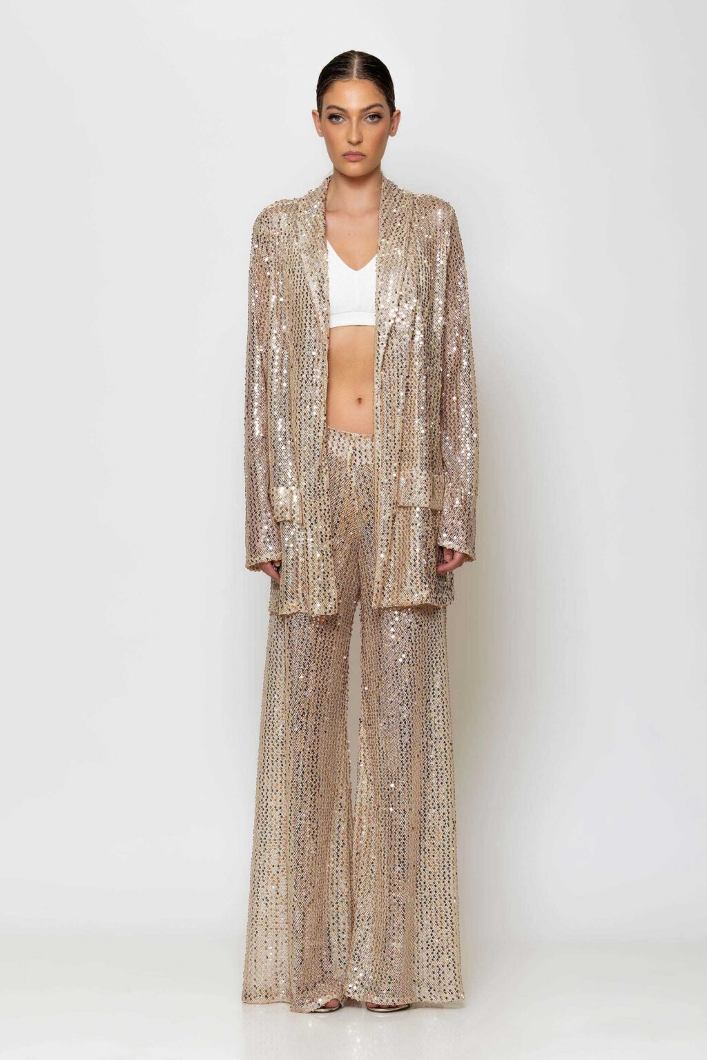 Gold sequined mesh wide-leg pants