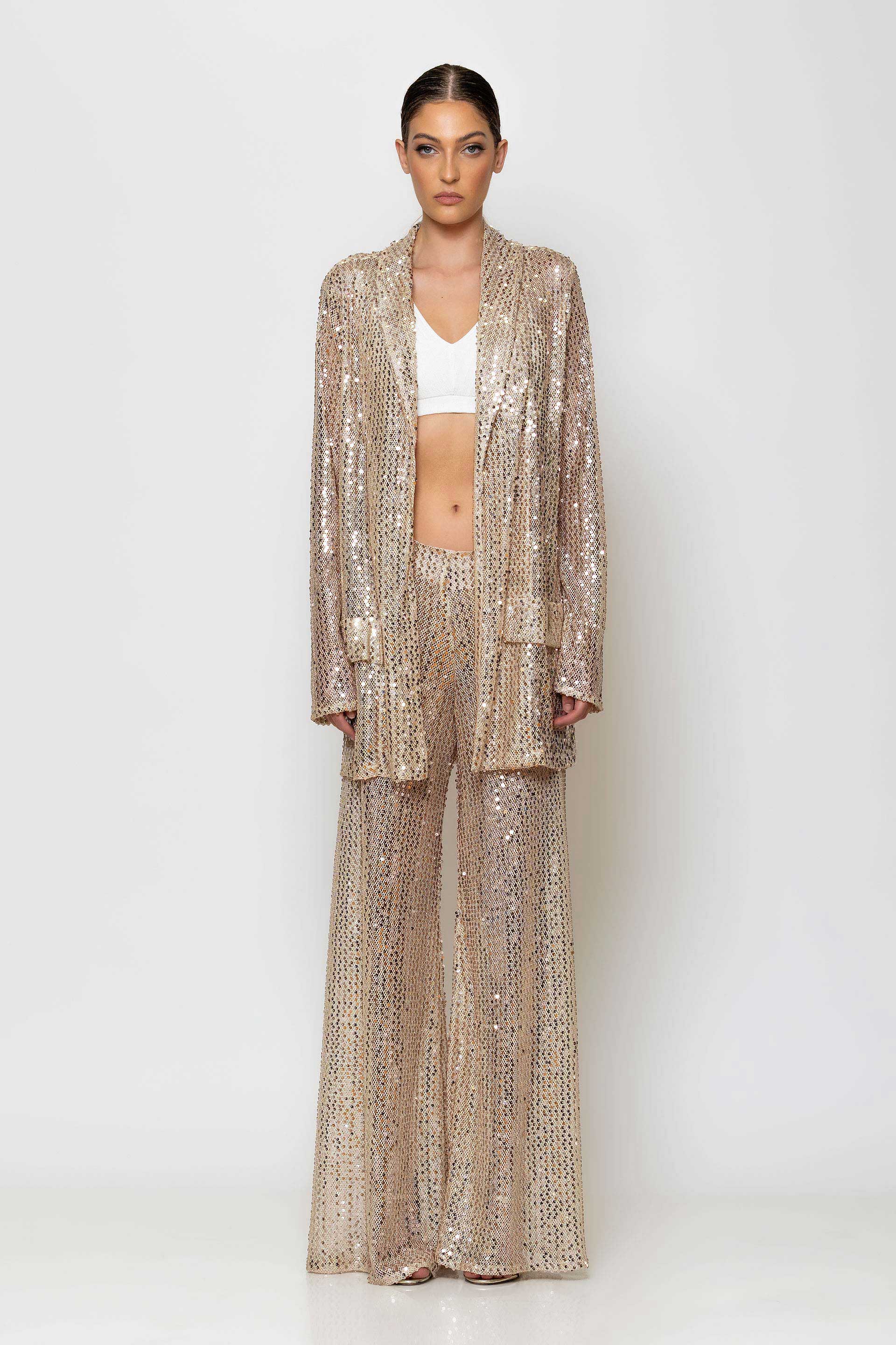 Gold sequined mesh wide-leg pants