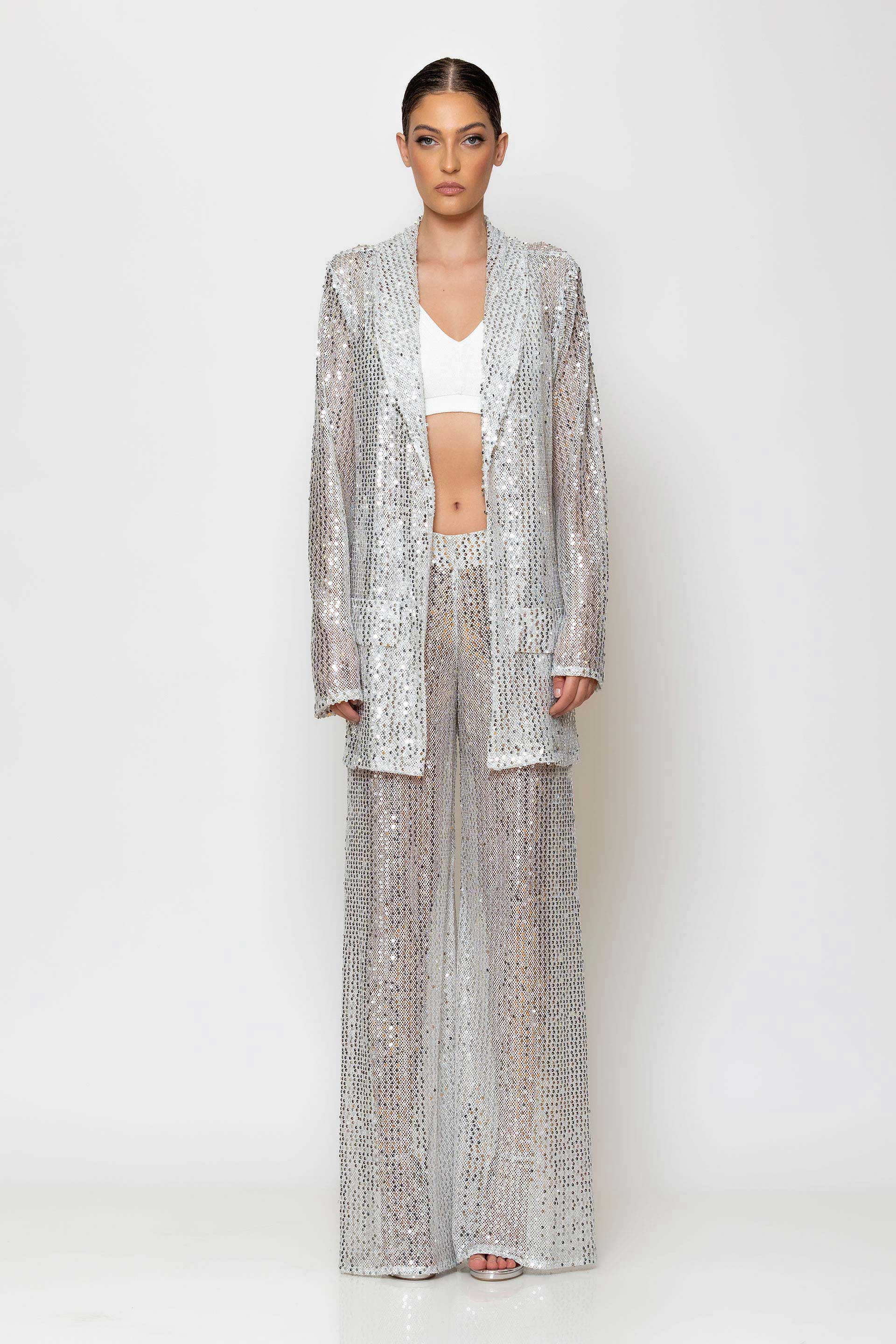 Silver sequined mesh wide-leg pants