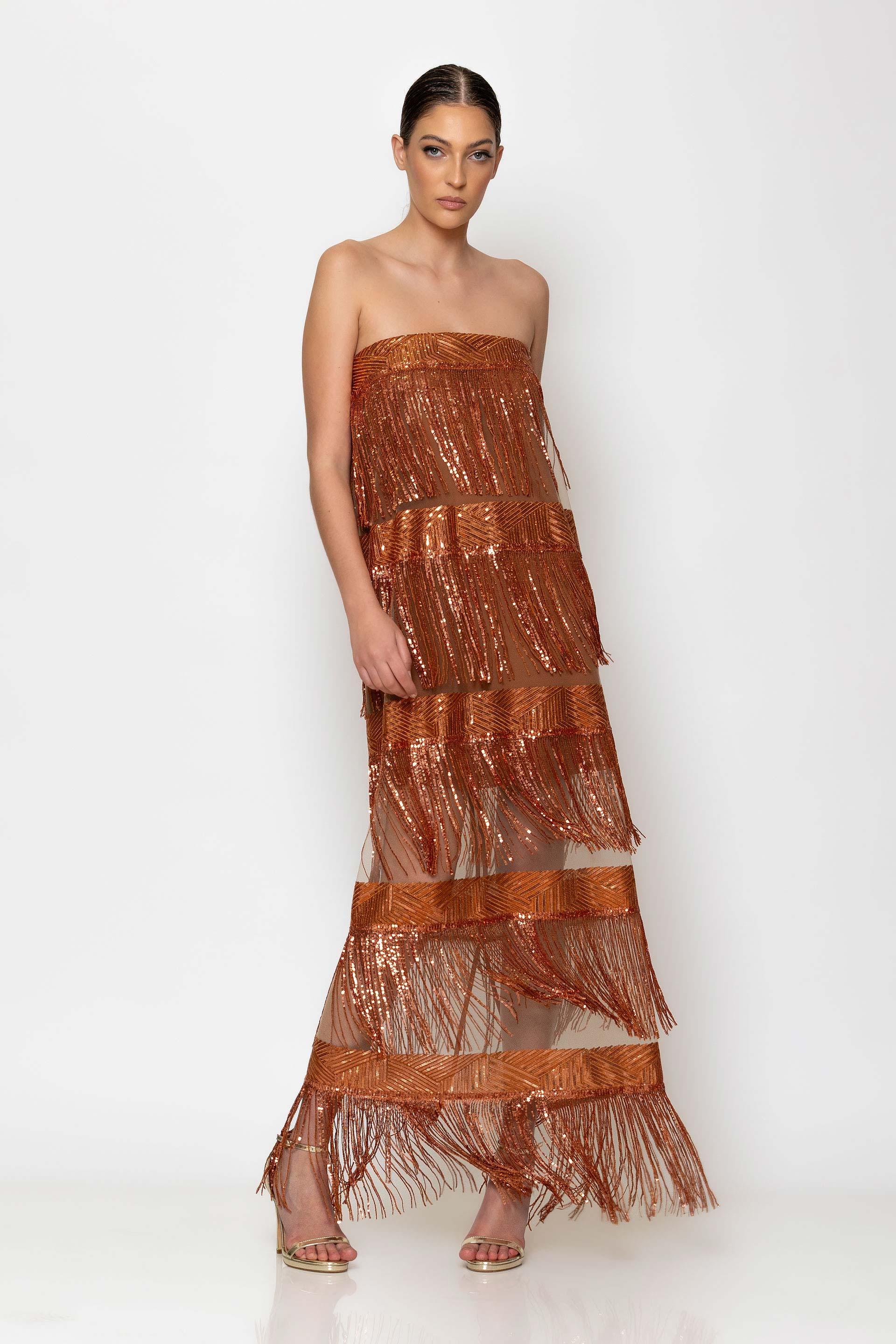 Fringed sequin-embellished maxi dress