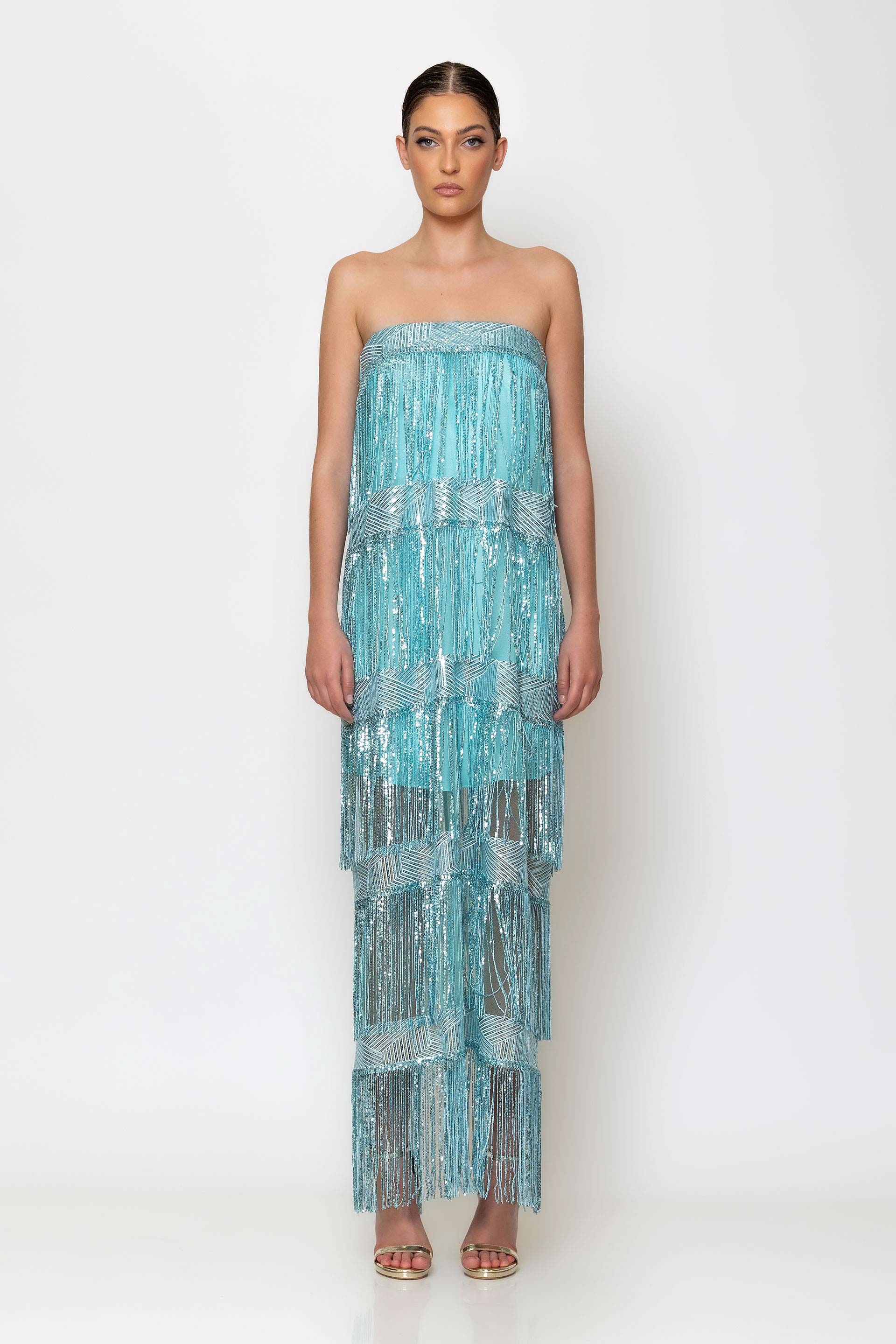 Fringed sequin-embellished maxi dress