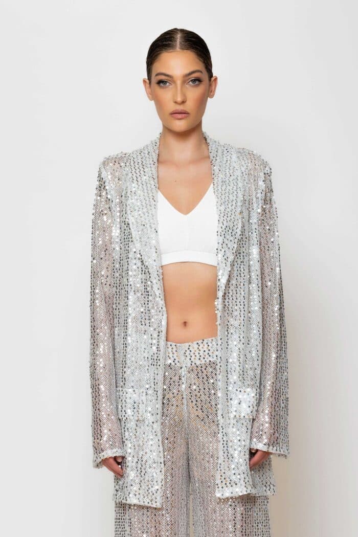 Silver sequined mesh oversized blazer