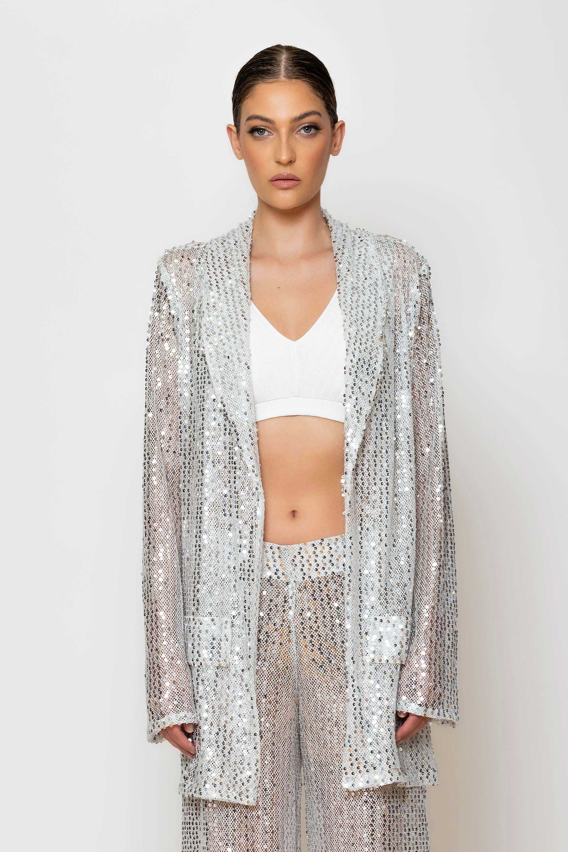 Silver sequined mesh oversized blazer