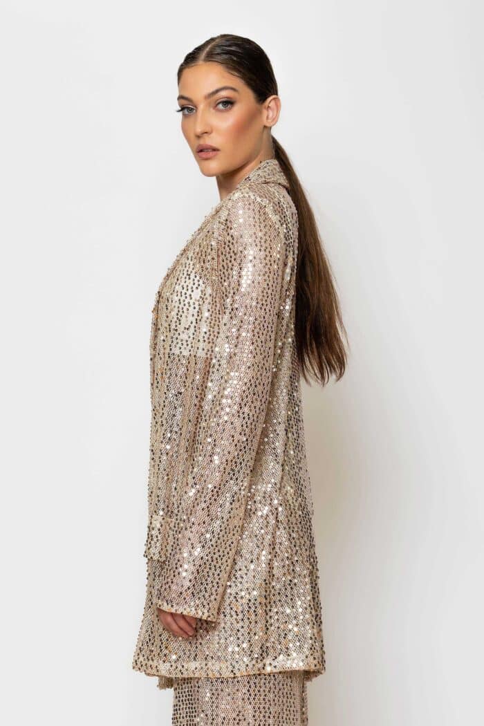 Gold sequined mesh oversized blazer