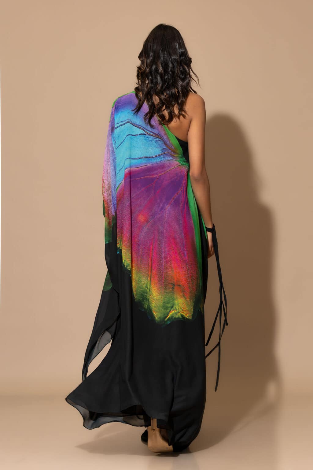 GOLD-GLOW Butterfly One Shoulder Maxi Chiffon Dress at back