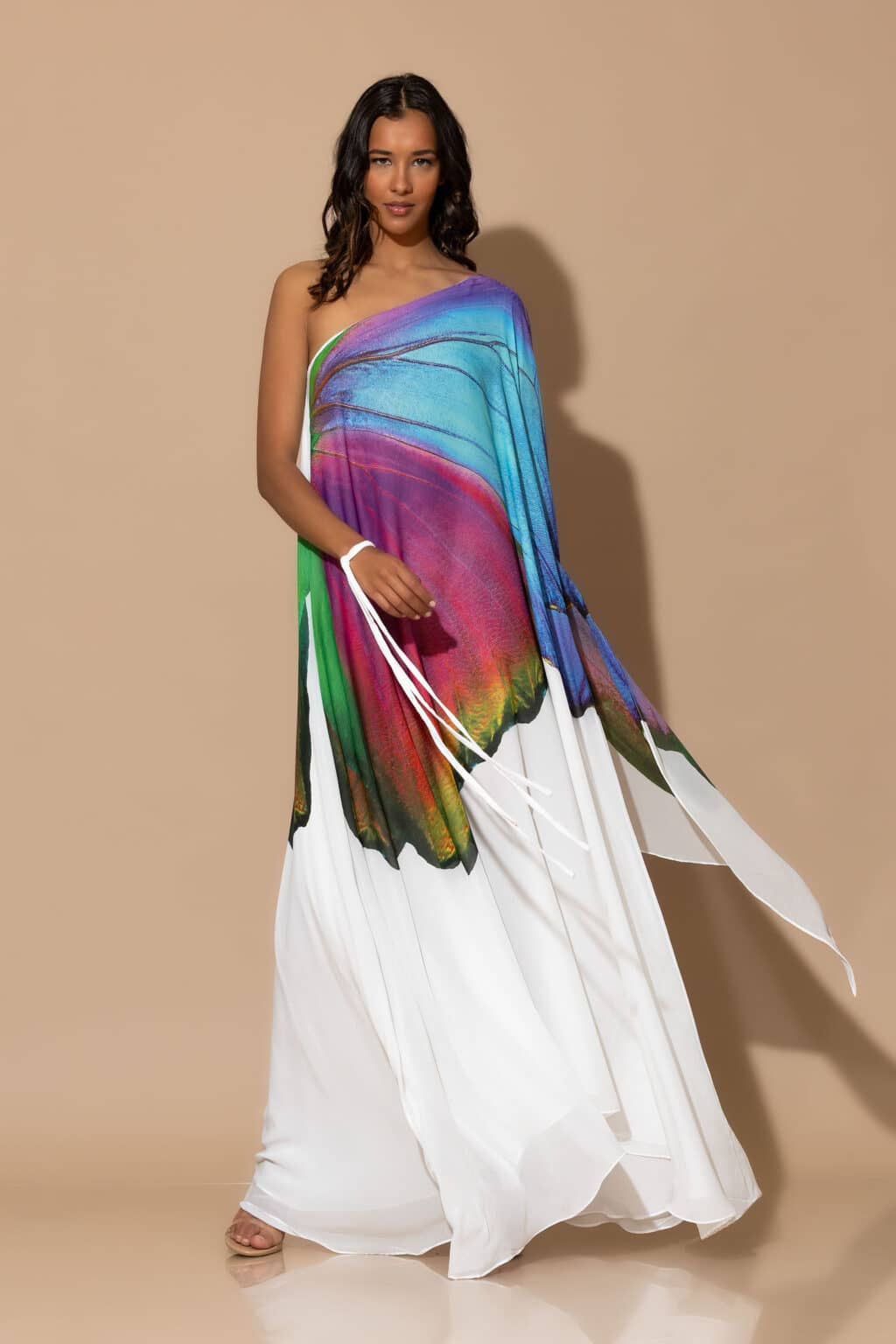 Butterfly one shoulder maxi chiffon dress