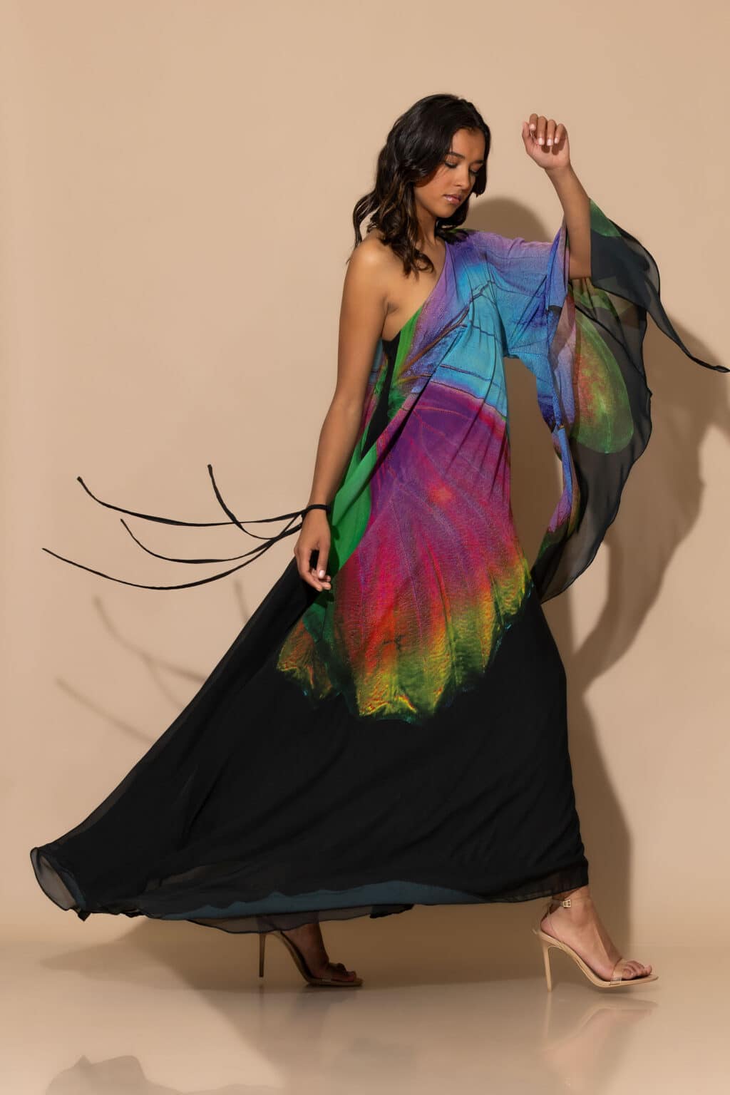 GOLD-GLOW Butterfly One Shoulder Maxi Chiffon Dress