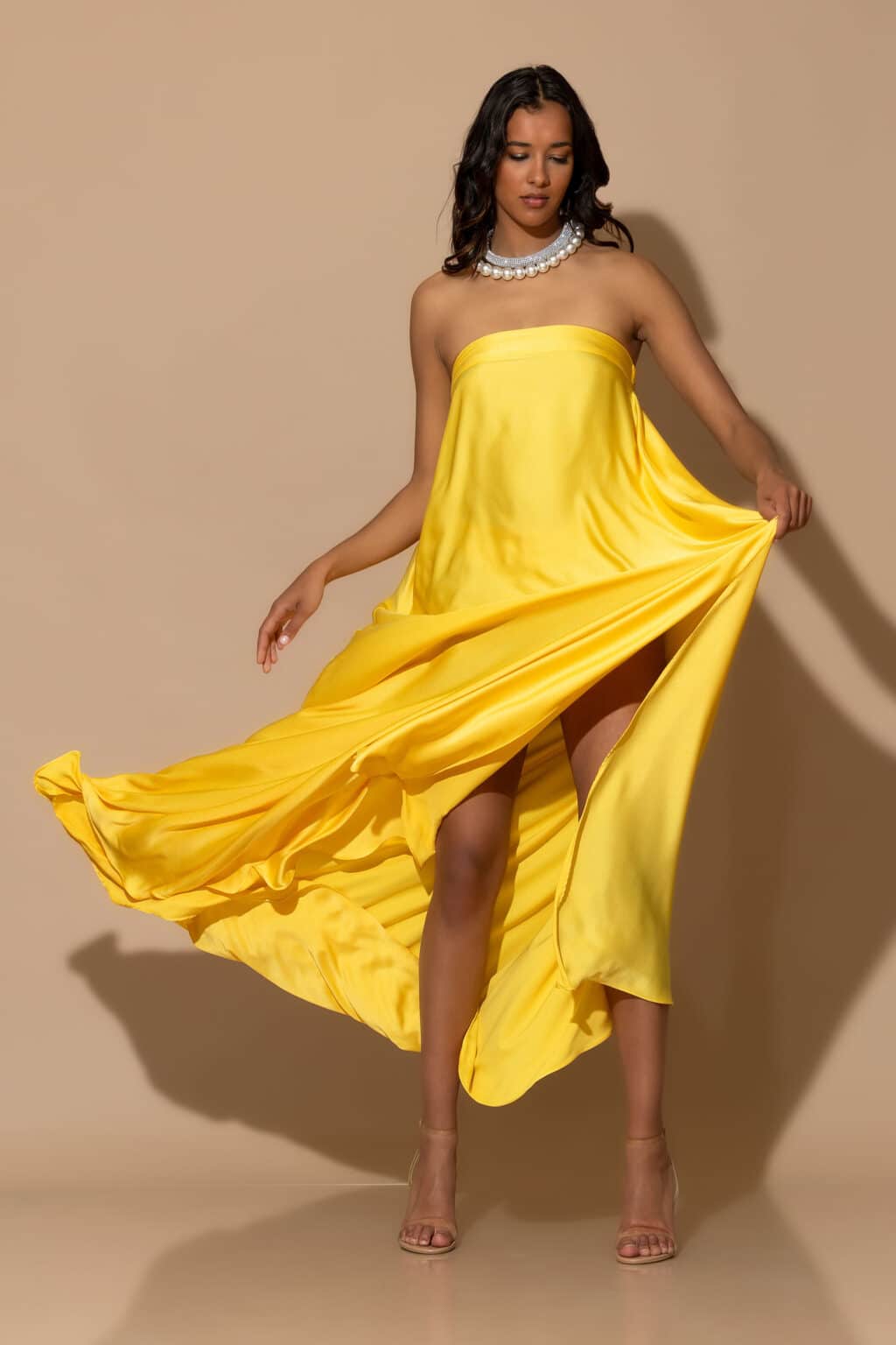 Luxurious Strapless Wide-Cut Satin Gown