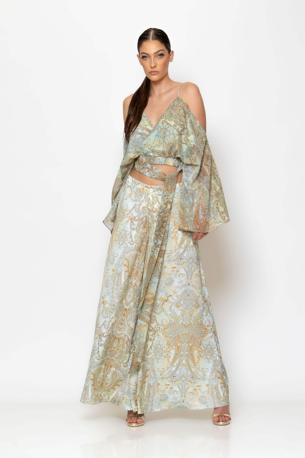 Wide leg satin print pants
