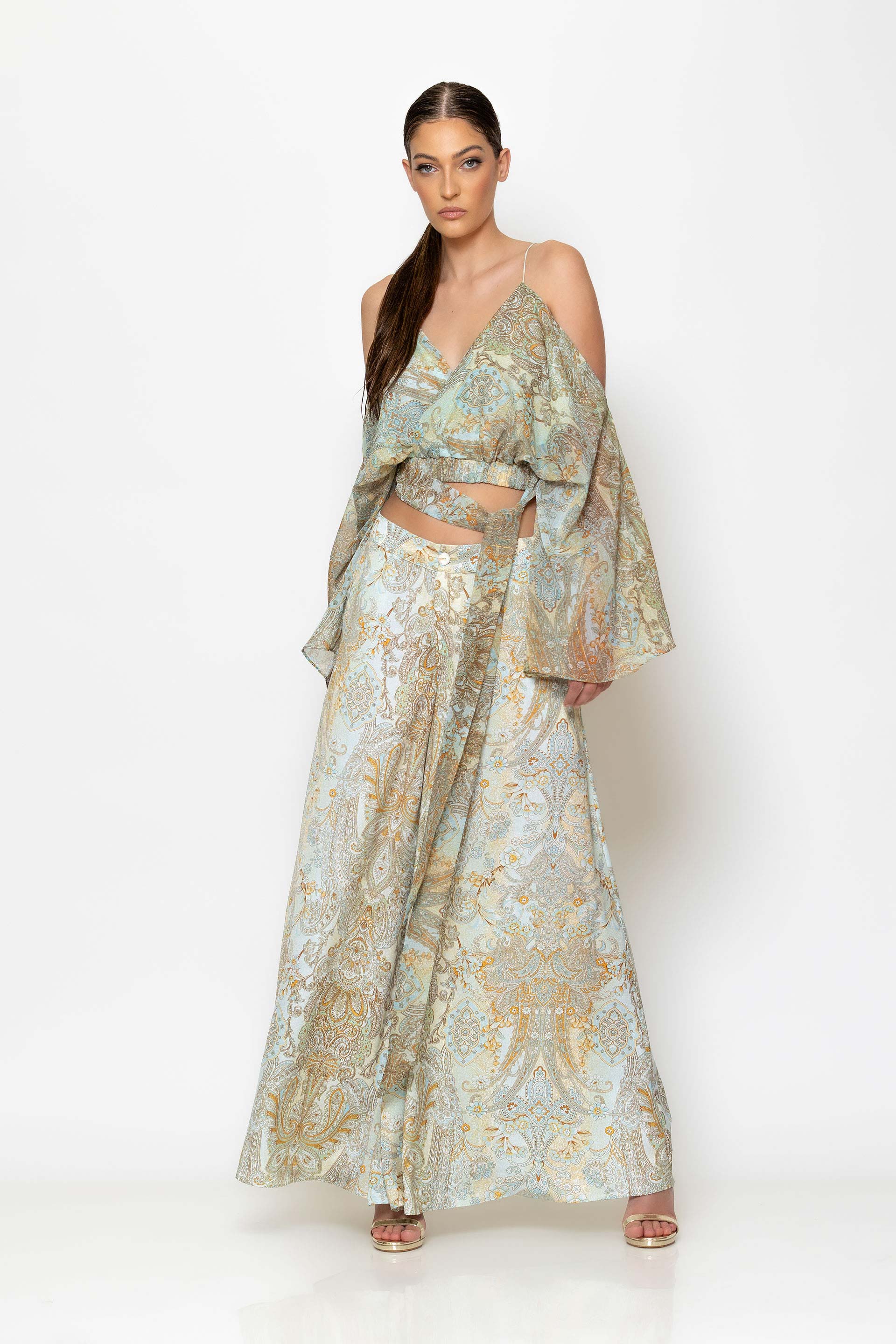 Wide leg satin print pants