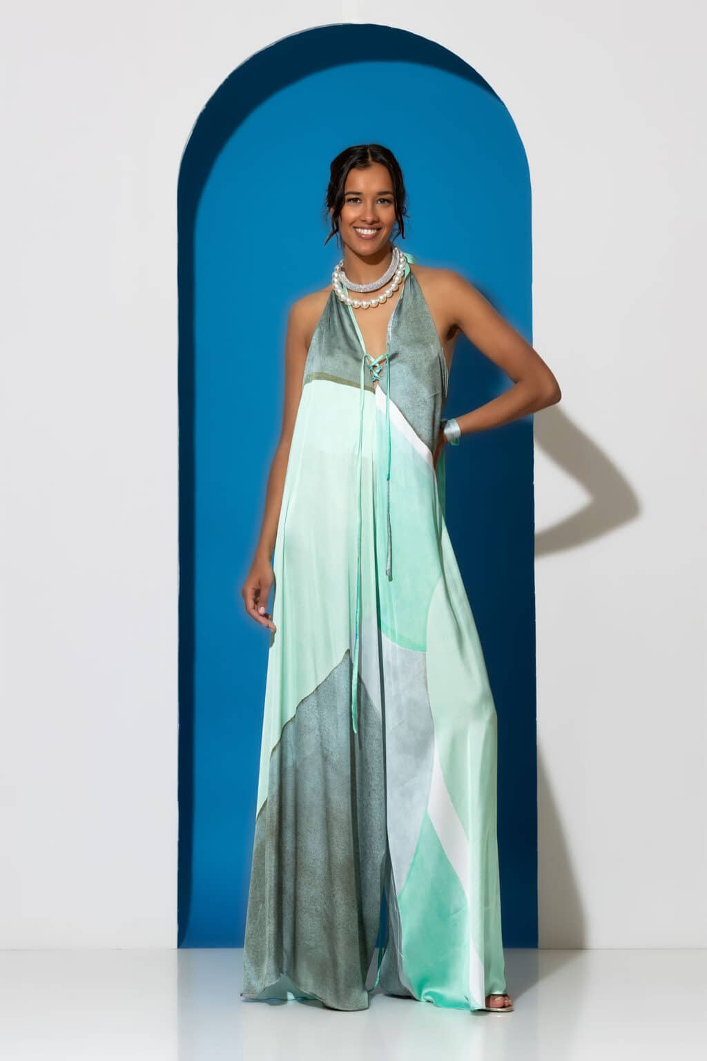 Elegant halterneck satin print jumpsuit