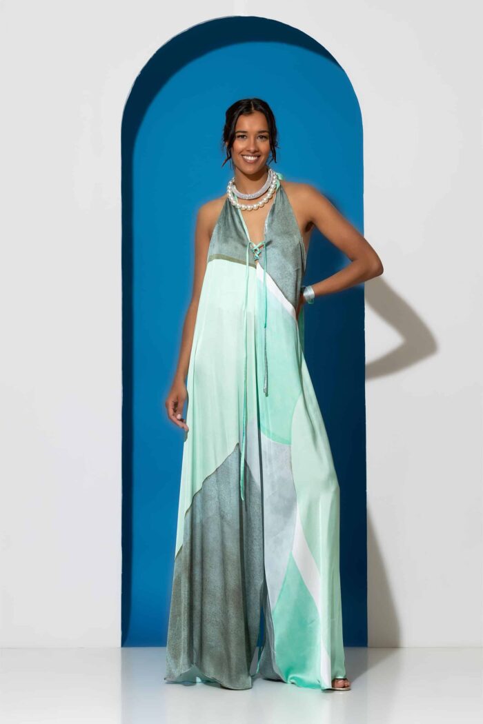 Elegant halterneck satin print jumpsuit
