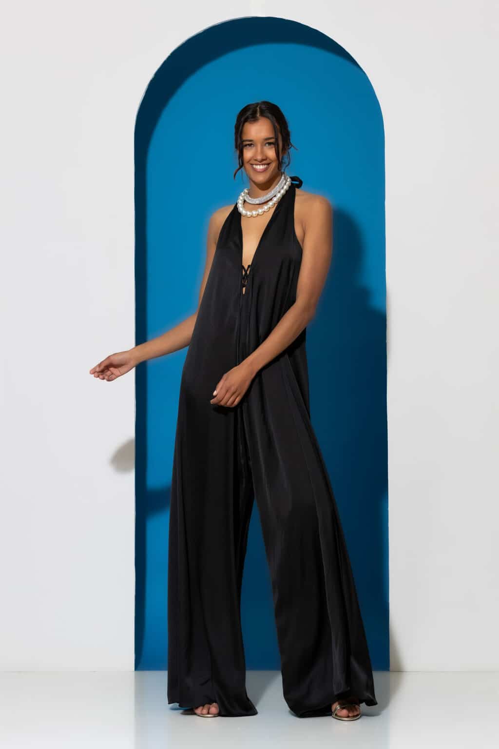 Elegant halterneck satin jumpsuit